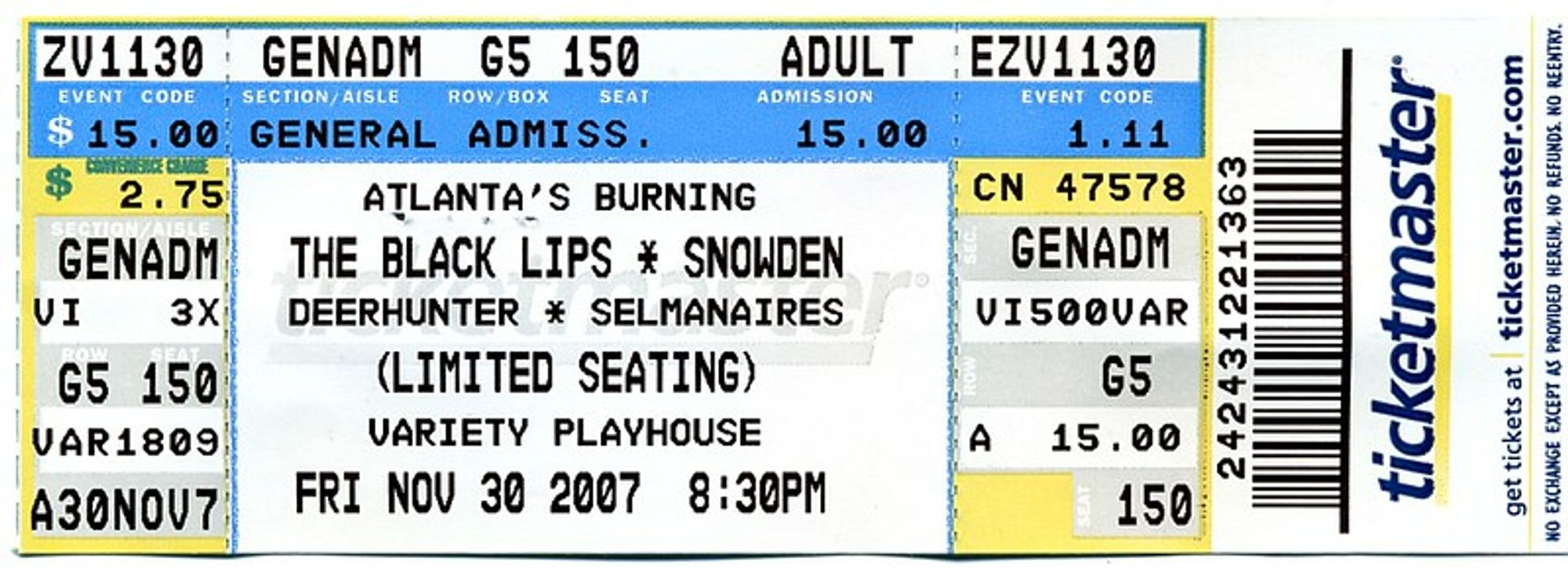 Ticketstub for a concert on 11/30/07 featuring Black Lips, Snowden, Deerhunter, and The Selmanaires.