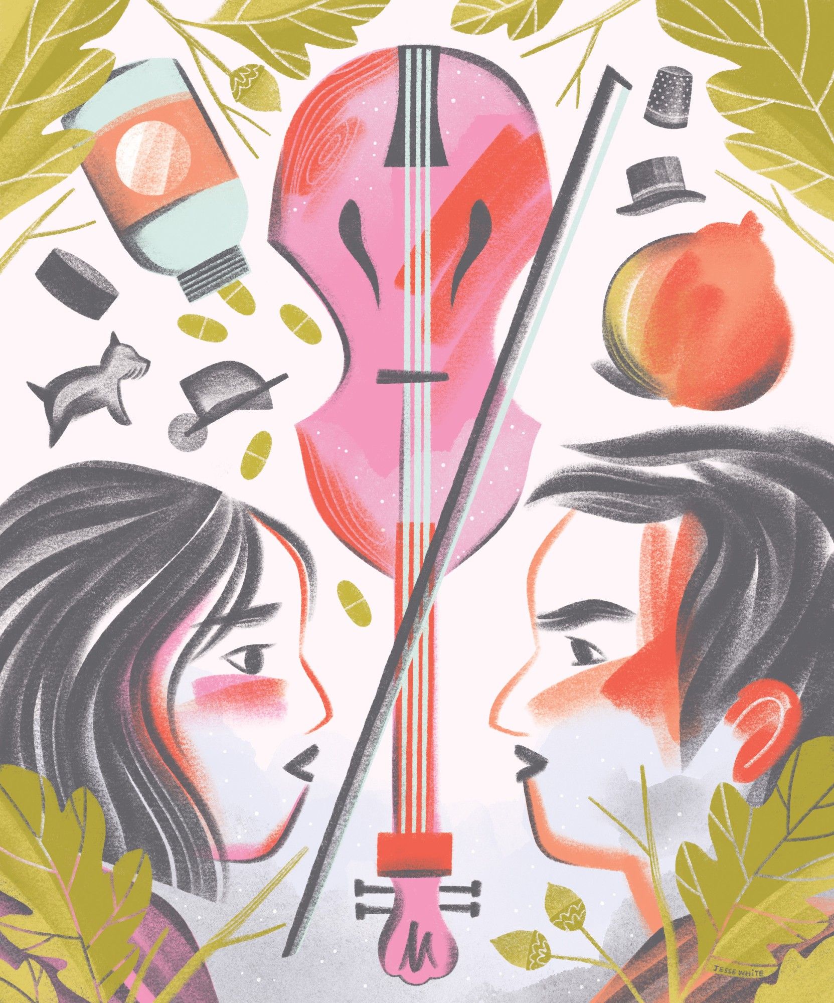 An illustration of two profiles - a woman on the left and a man on the right - with a violin and bow in between them. They are looking directly into each other's eyes. Several different objects are arranged around them, including some Monopoly pieces, a satsuma mandarin, and a spilled bottle of vitamins. A border of oak leaves surrounds them. The limited color palette used is dark plum, mint, peach, bright red, bright pink, and a light olive green.