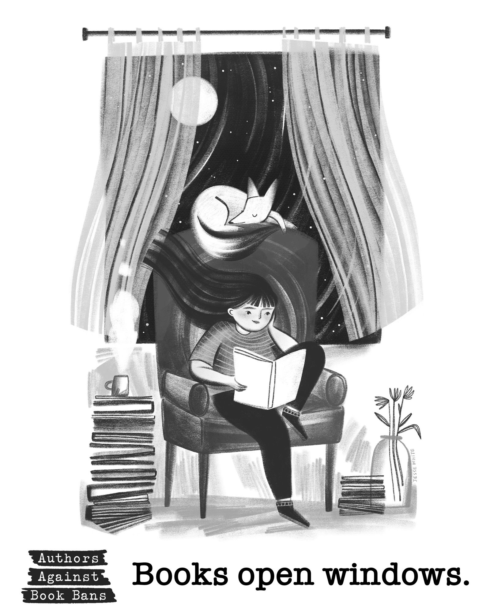 A black and white illustration of a young girl in a big chair, reading a book in front of an open window. A logo for Authors Against Book Bans is in the right bottom corner, beside bold text that says “Books open windows.”