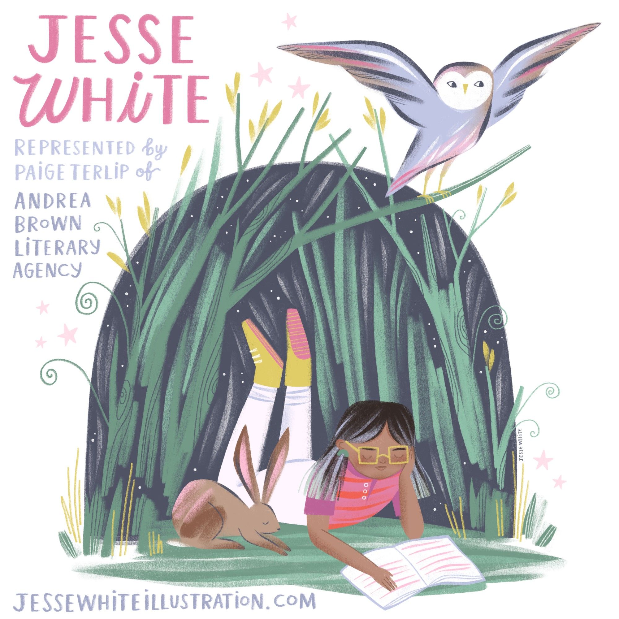 An illustration of a young girl reading at night, under a canopy of trees. A brown bunny is sleeping beside her and an owl perches above. Contact information for Jesse White is hand lettered in the margins: Jesse White - Represented by Paige Terlip of Andrea Brown Literary Agency - jessewhiteillustration.com