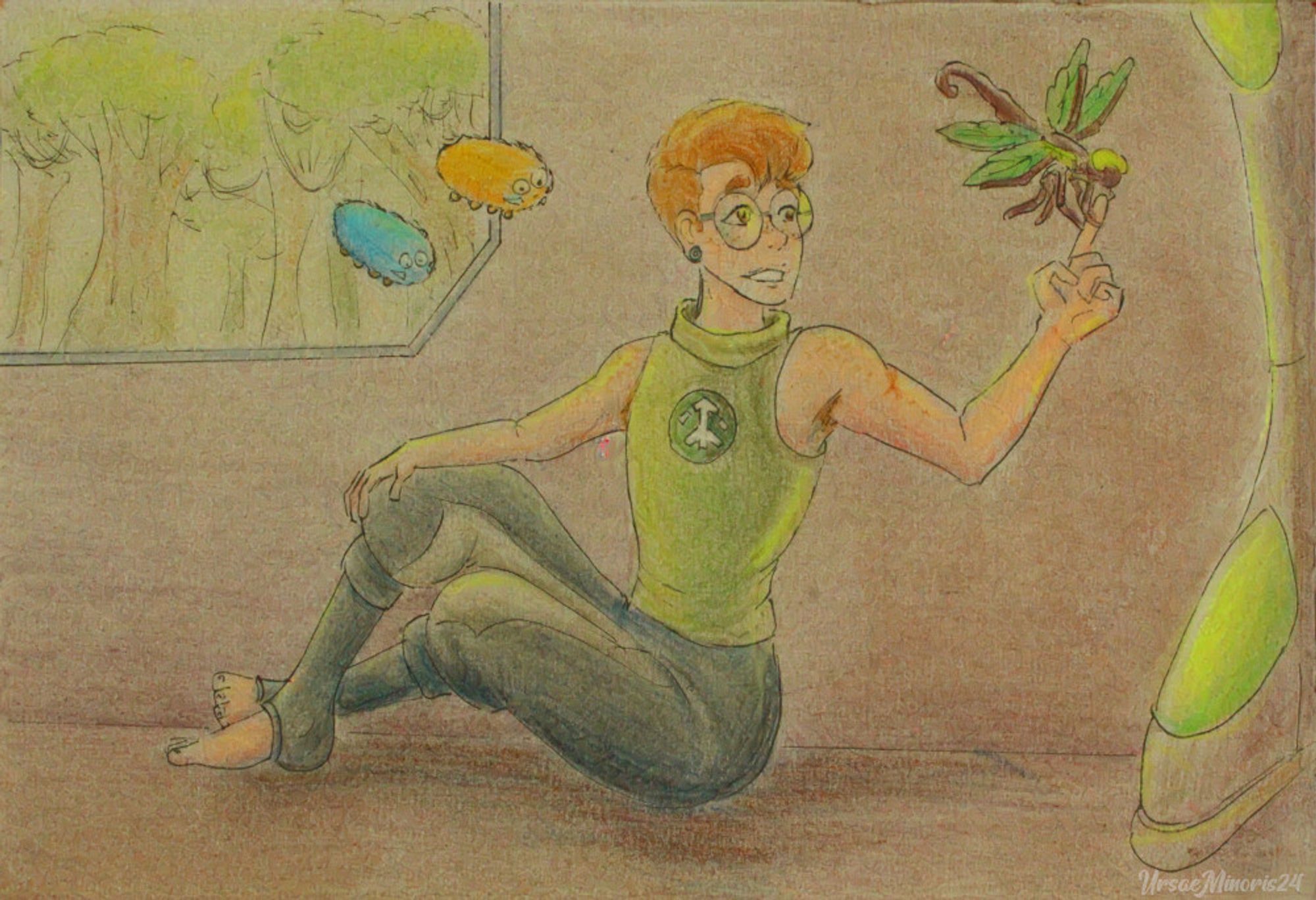 A drawing of Pidge looking a bit older. They are sitting on the ground in a room of Olkari-type architecture: it seems to be made of some red-brown metal with green lights. Pidge's hair is styled with an undercut, and they're wearing Olkari-type pants, and a sleeveless green top with the symbol of the Green Lion. They're extending a finger, on which is landed an Olkari dragonfly-like drone, made out of sticks and leaves. Two of Pidge's "space caterpillar' friends from the trash nebula are looking at the scene. A window shows a big forest outside. Drawn in soft pastels and color pencils on grey cardboard.