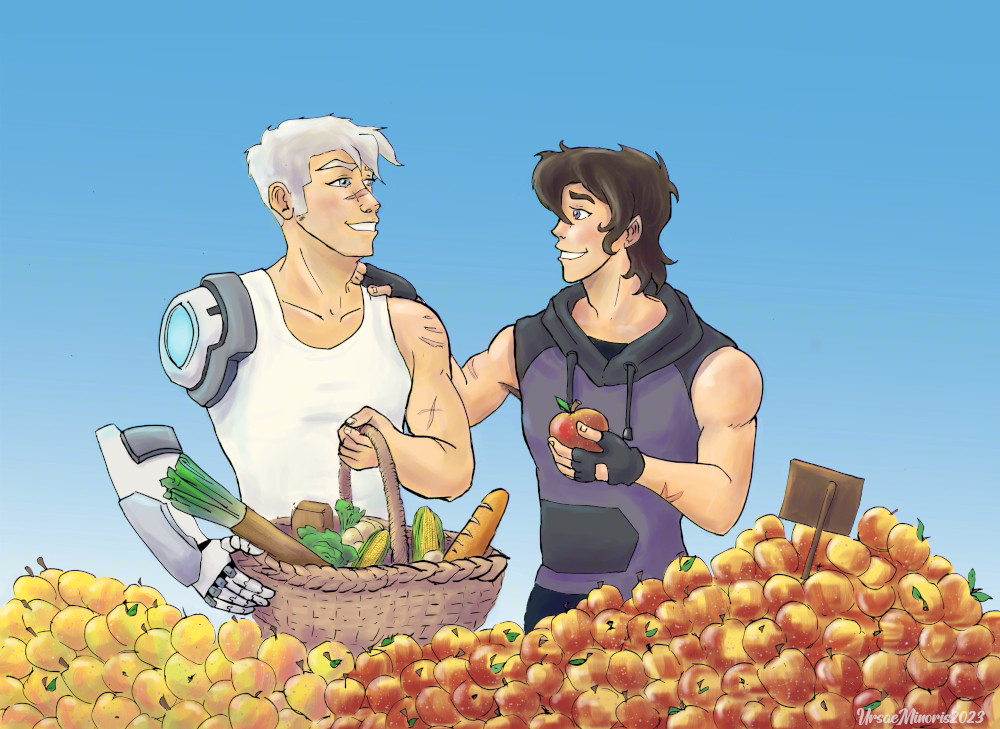 A drawing of Shiro and Keith from Voltron at a farmers market. The scene is set post canon (Shiro has white hair and his altean prosthetic). They are standing in front of a market table covered in apples and gazing in each other's eyes, smiling. Keith is holding an apple in his left hand, and has his right hand on Shiro's shoulder. Shiro holds a basket full with food, mostly vegetables. 