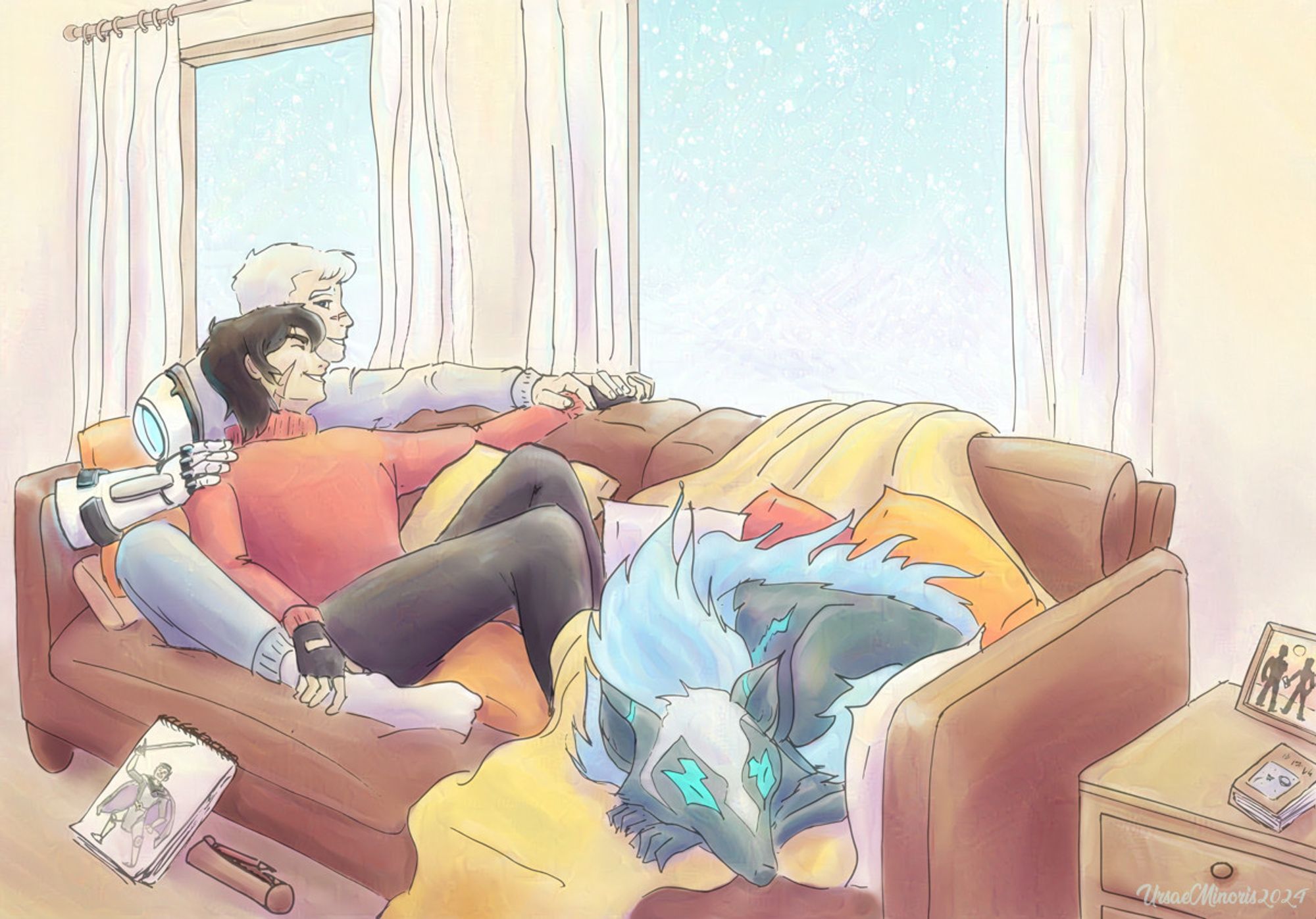 Drawing of Shiro and Keith cuddling on a couch with Kosmo, among a bunch of pillows and a big yellow plaid. The big windows behind the couch show it is snowing. On the ground, against the side of the couch, is a sketch pad with a drawing of Jiro, Shiro's character in Monsters & Mana.