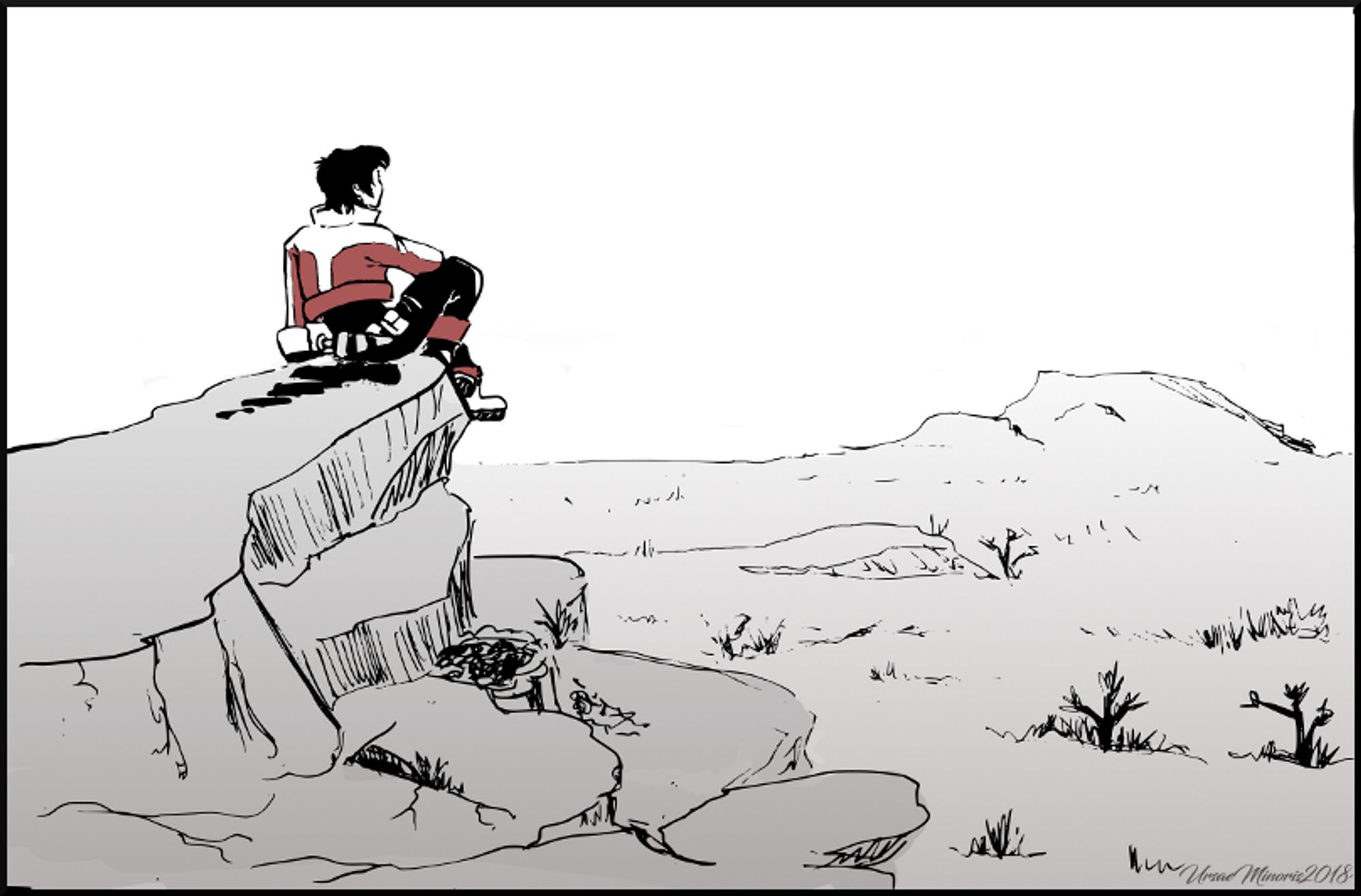 Sketch of Keith, sitting on a mesa in the desert. His back is to the viewer while he is gazing at the horizon. The drawing is in black and white, with the only color being from Keith's jacket and boots, as he's wearing his season 1 clothes. The drawing is from 2018.