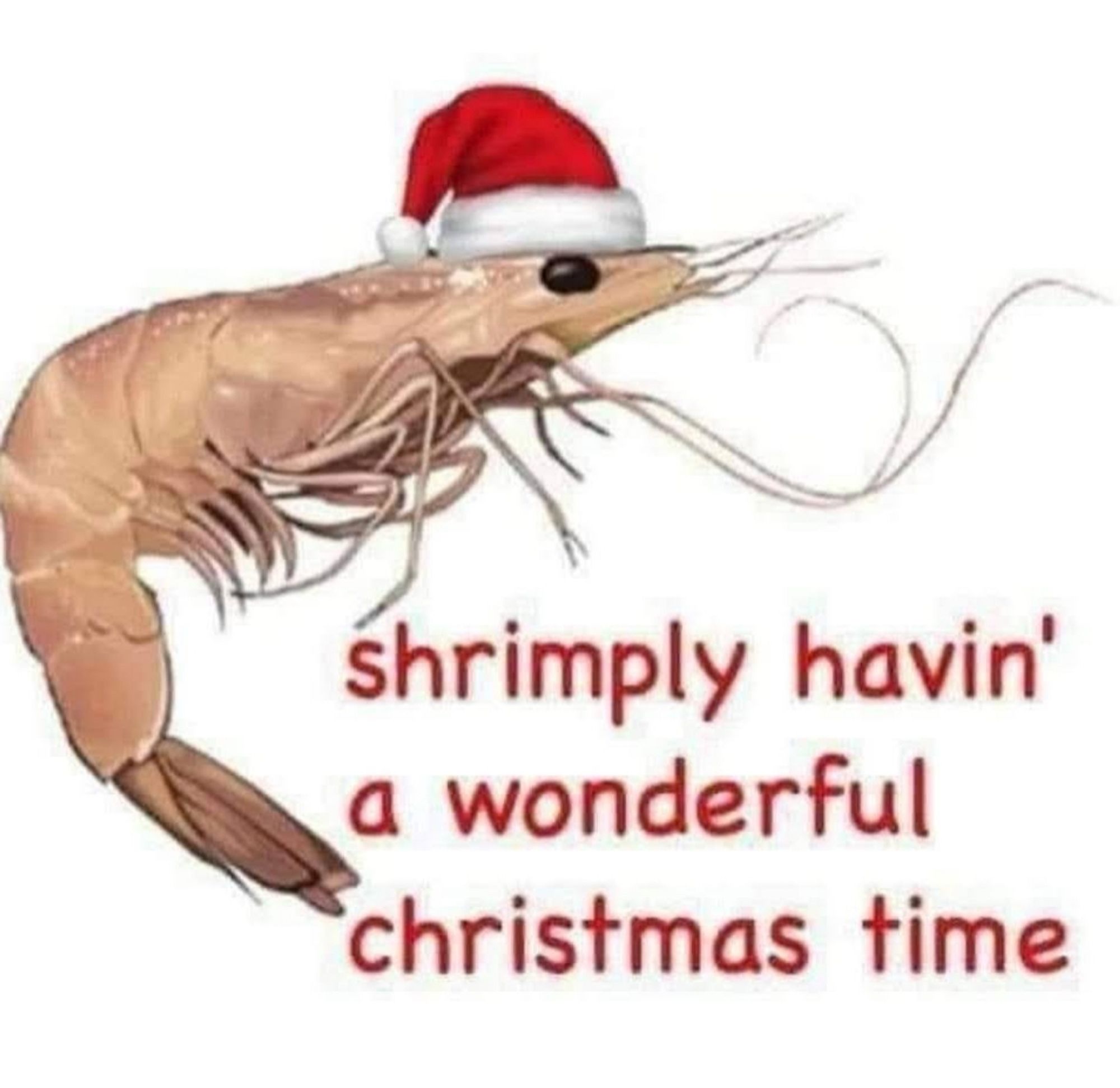 A picture of a shrimp wearing a Santa hat, and the text "Shrimply havin' a wonderful Christmas time”