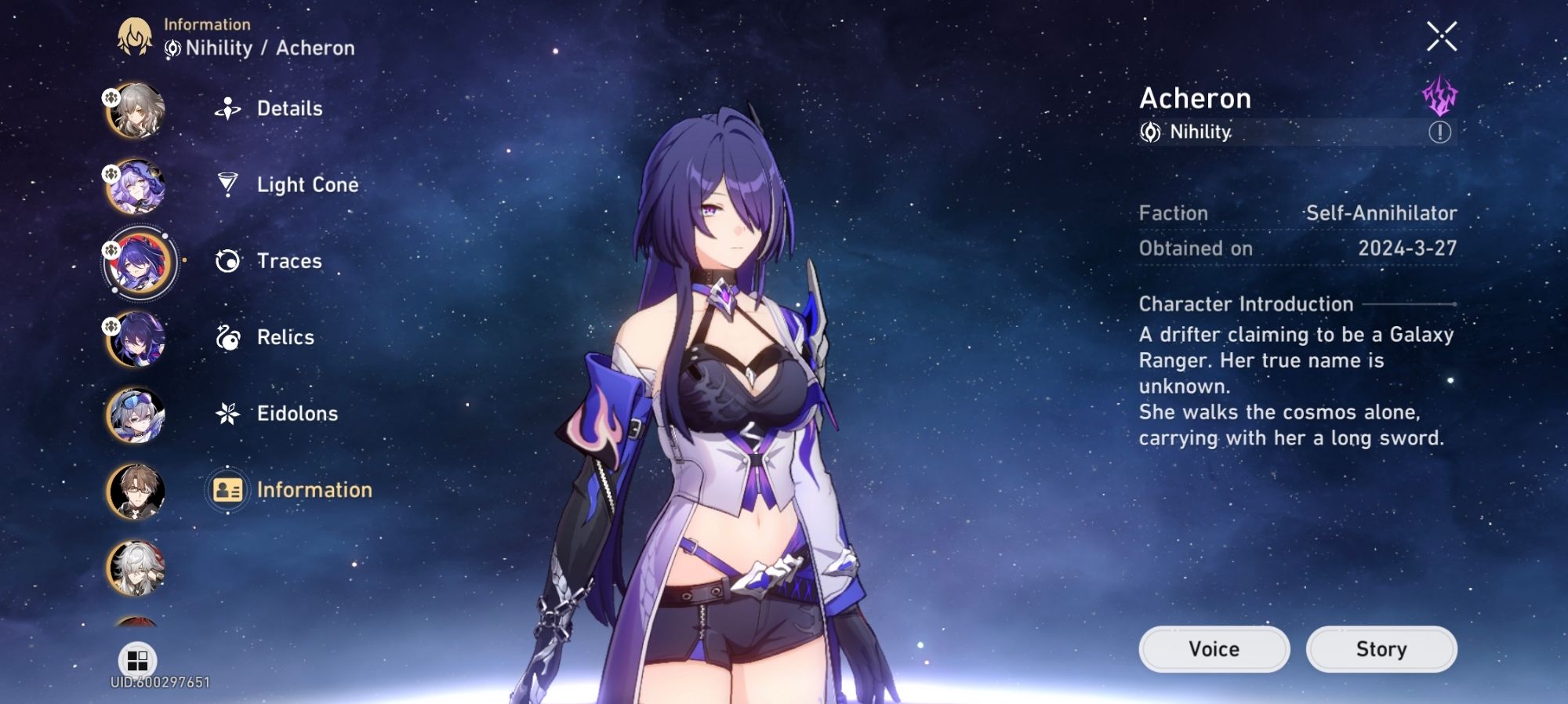 Image of Acheron from Honkai Star Rail on the character select screen.