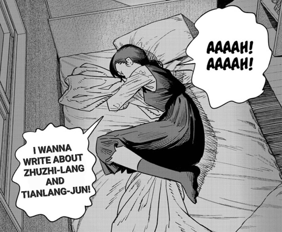 Asa Mitaka from Chainsaw Man curled up in bed saying, in all caps, "Aaaah! Aaaah! I wanna write about Zhuzhi-Lang and Tianlang-Jun!"