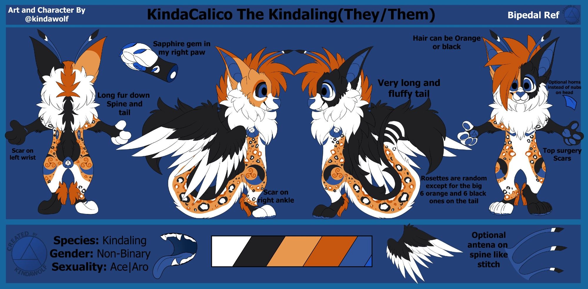 calico coloured with blue accents creature called a kindaling with a blue sapphire gem on right hand, very long snow leopard like tail that is very fluffy at the tip, body covered in rosettes barring the head, head is half black on the right side and half orange on the left with a white muzzle, white marking under eyes and on the black side a blue marking over the top of the eye and on the orange side a ginger marking over the top of the eye, they also have long fur going down the spine that starts off as ginger at the head and turns black further down