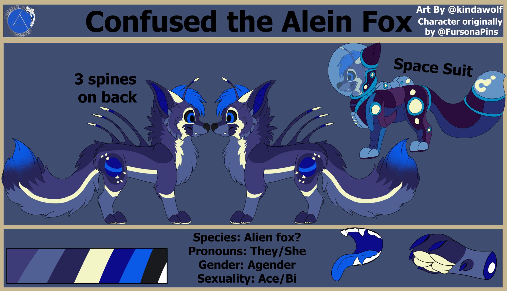 ref of a blue, Purple and yellow Alien fox named Confused