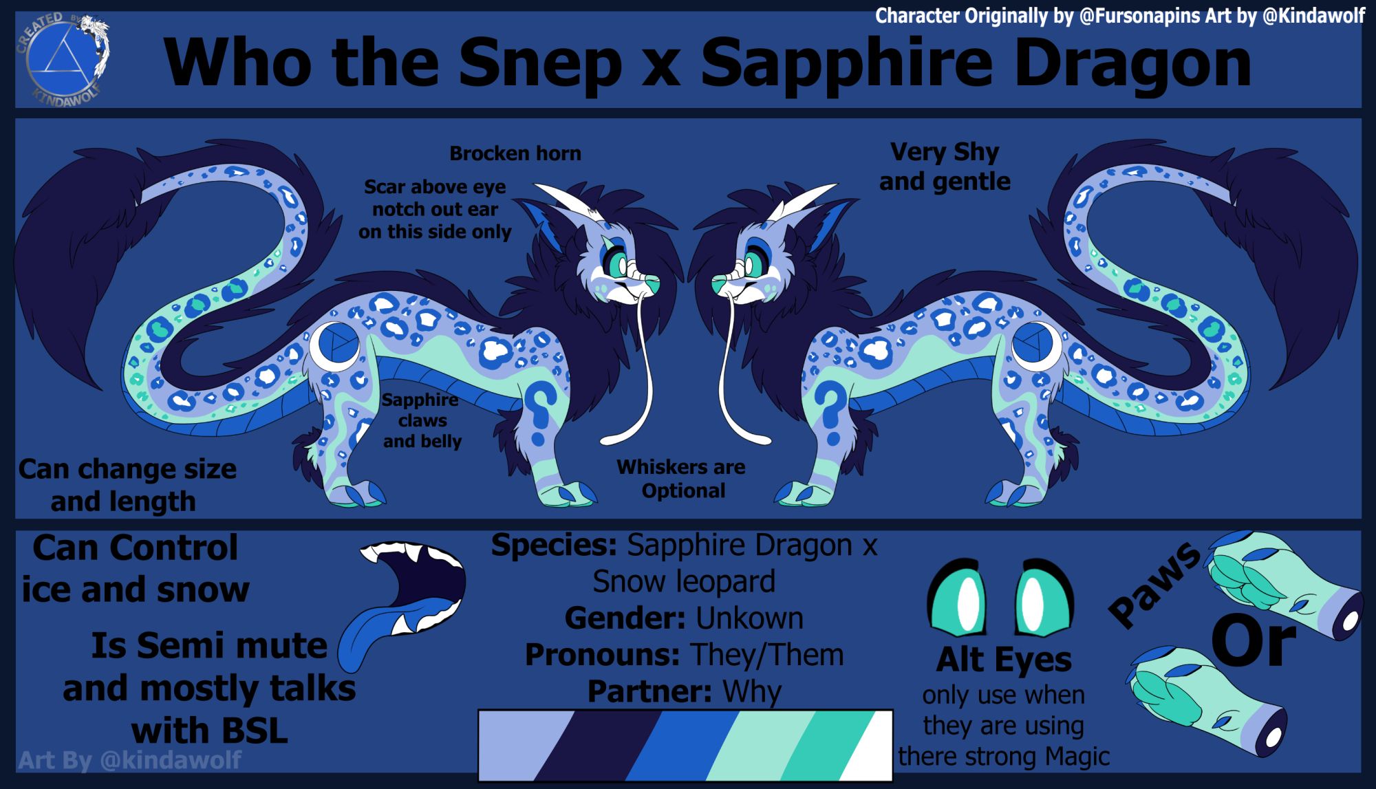 Reference sheet of a Blue noodle dragon named who