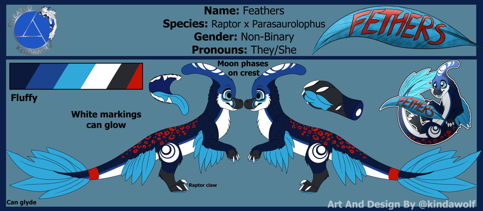 ref sheet of a blue, white and red Raptor parasaurolophus  hybrid named feathers