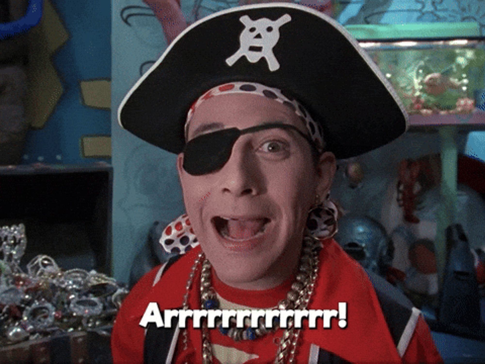 Pee Wee Herman dressed as a pirate saying "Arrrrrrr!"