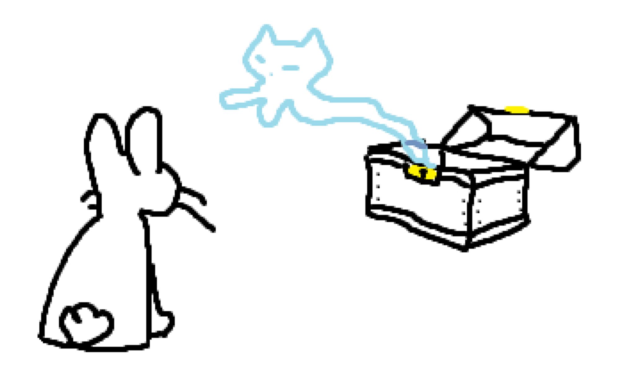 Mspaint drawing of a rabbit looking towards a ghost cap that is floating out of a treasure chest