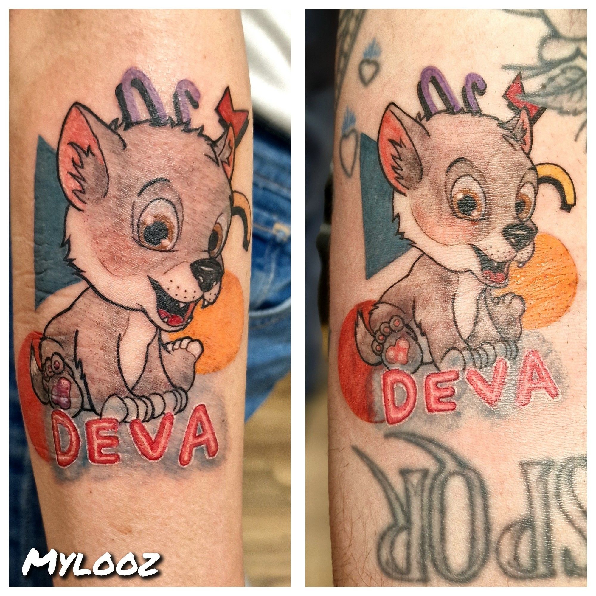 Montage de 2 photos d'avant bras avec in tatouage identique: petit loup en mode cartoon avec des formes géométriques facon generique tv des annees 80 et un prenom en Neon, facon logo Denver le dernier Dinosaure.
A gauche,  face extérieur d'un avant bras, à droite creux du bras.