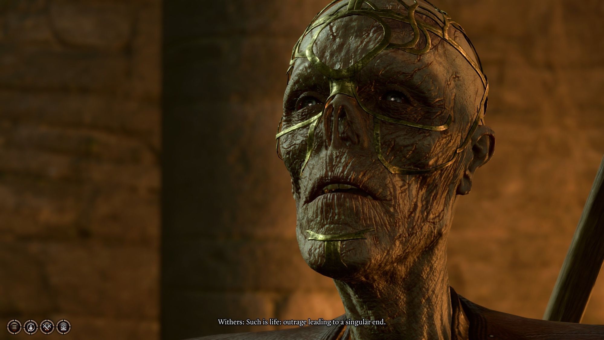 A screenshot of Baldurs Gate 3 showing a reanimated corpse of a person with gold lines blended into his face. The subtitle says: “Withers: Such is life: outrage leading to a singular end.”