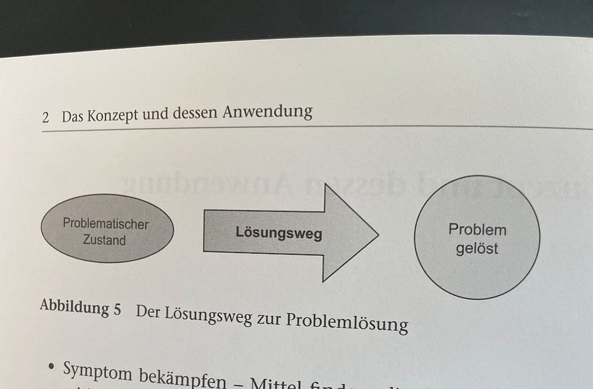 es ist die obere hälfte einer seite aus einem lehrbuch zu erkennen aufgeschlagen in dem kapitel "das konzept und dessen anwendung". darauf die schematische abbildung "lösungsweg zur problemlösung":
ein kreis, beschriftet mit "problematischer zustand"
ein pfeil, von dem kreis wegzeigend auf dem steht "lösungsweg"
ein zweiter kreis auf den der pfeil zeigt, beschriftet mit "problem gelöst"