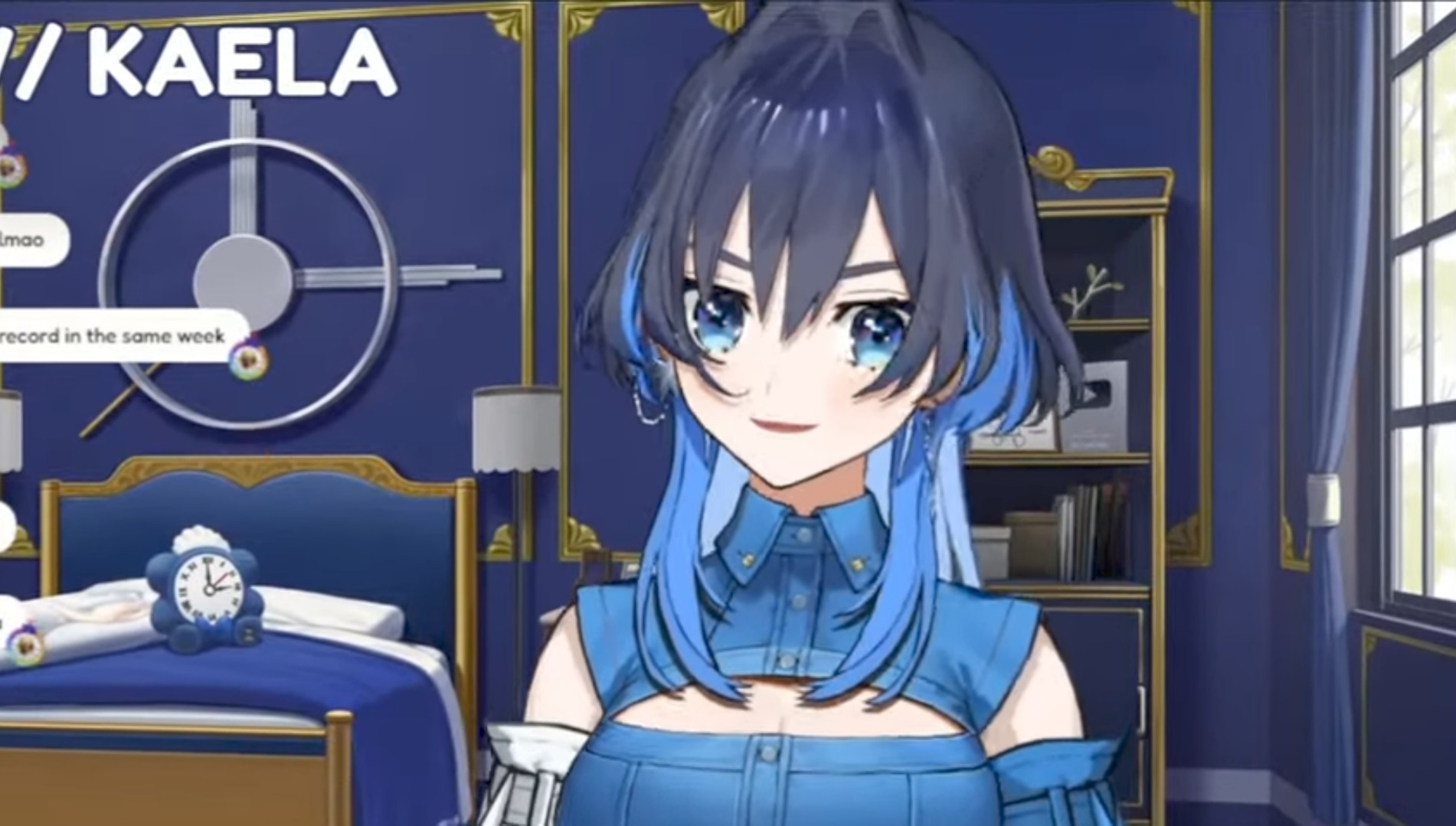 an anime girl wearing a denim top with a clevage window (character is the vtuber kronii from hololive)