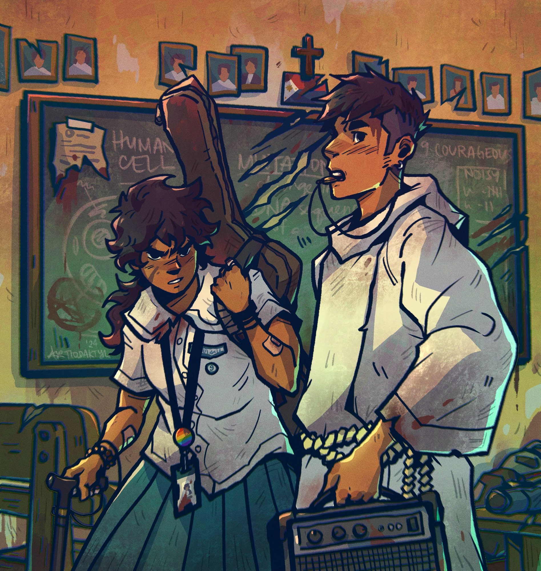 comic style illustration of two disheveled teen students with band equipment inside a filipino catholic school classroom, with claw marks and blood spatter on the chalkboard