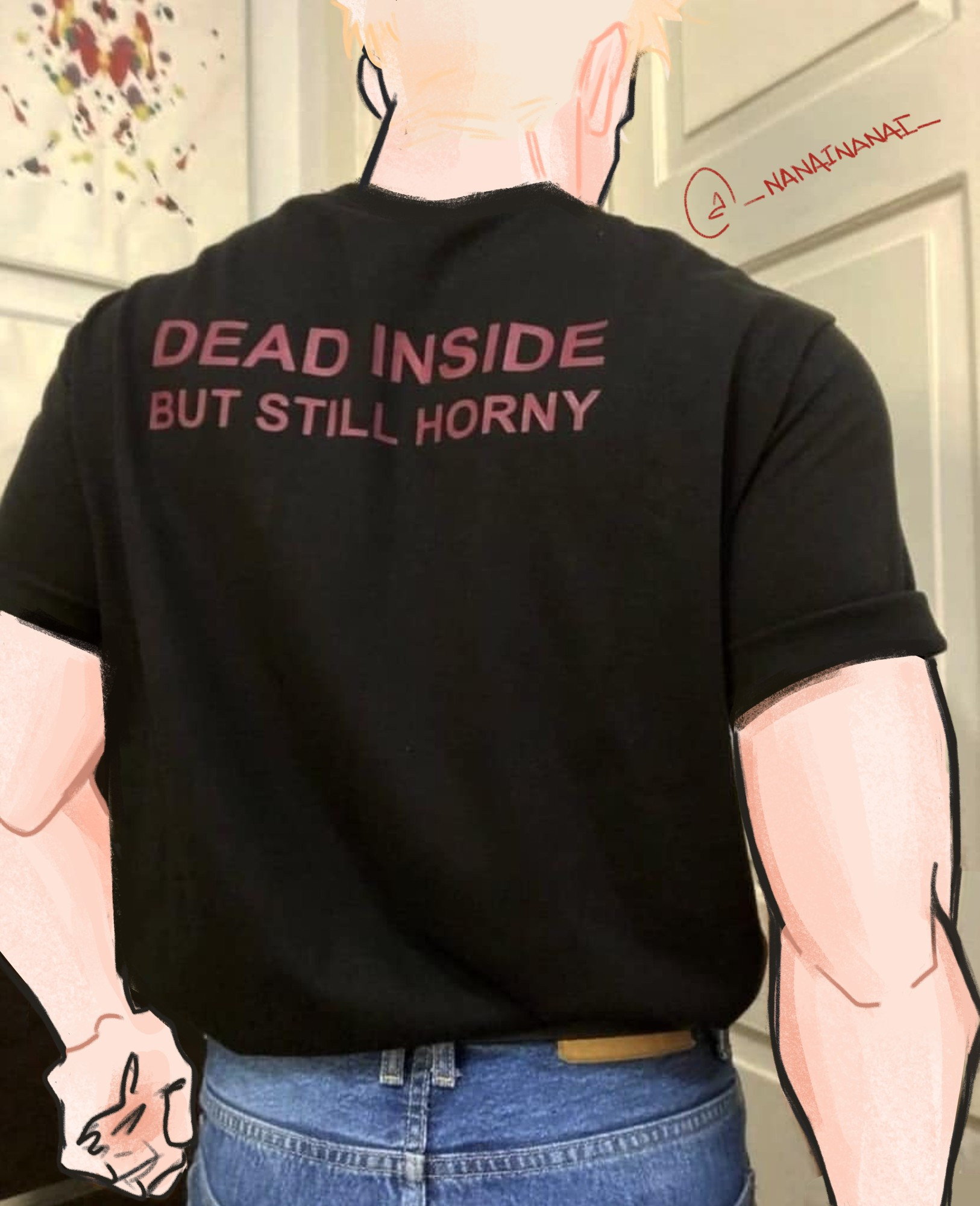 [ENG] knives wearing a "dead inside but still horny" shirt.
.
[SPA] knives usando una camisa que dice "muerto por dentro, pero aún caliente".