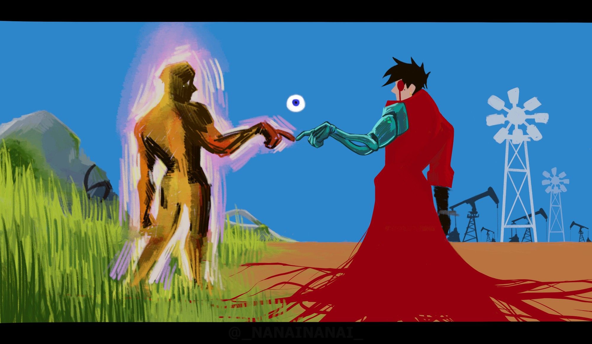 [ENG] knives and vash's index fingers touch each other, between them tesla's eye. knives, his body on fire, is surrounded by nature and crashed ships while vash, blackhaired, dresses all red (sunglasses and tears in the same color too and all of it connecting to his coat, which is planting itself on the ground) is surrounded by desert and human activities.
.
[SPA] knives y vash juntan sus dedos índices, entre ellos el ojo de tesla. knives, que está prendido en fuego, es rodeado de naturaleza y naves estrelladas mientras que vash, su cabello negro, viste de rojo (sus lentes de sol y lágrimas del mismo rojo, todo conectándose y plantándose en el suelo) y es acompañado por el desierto y actividad humana.