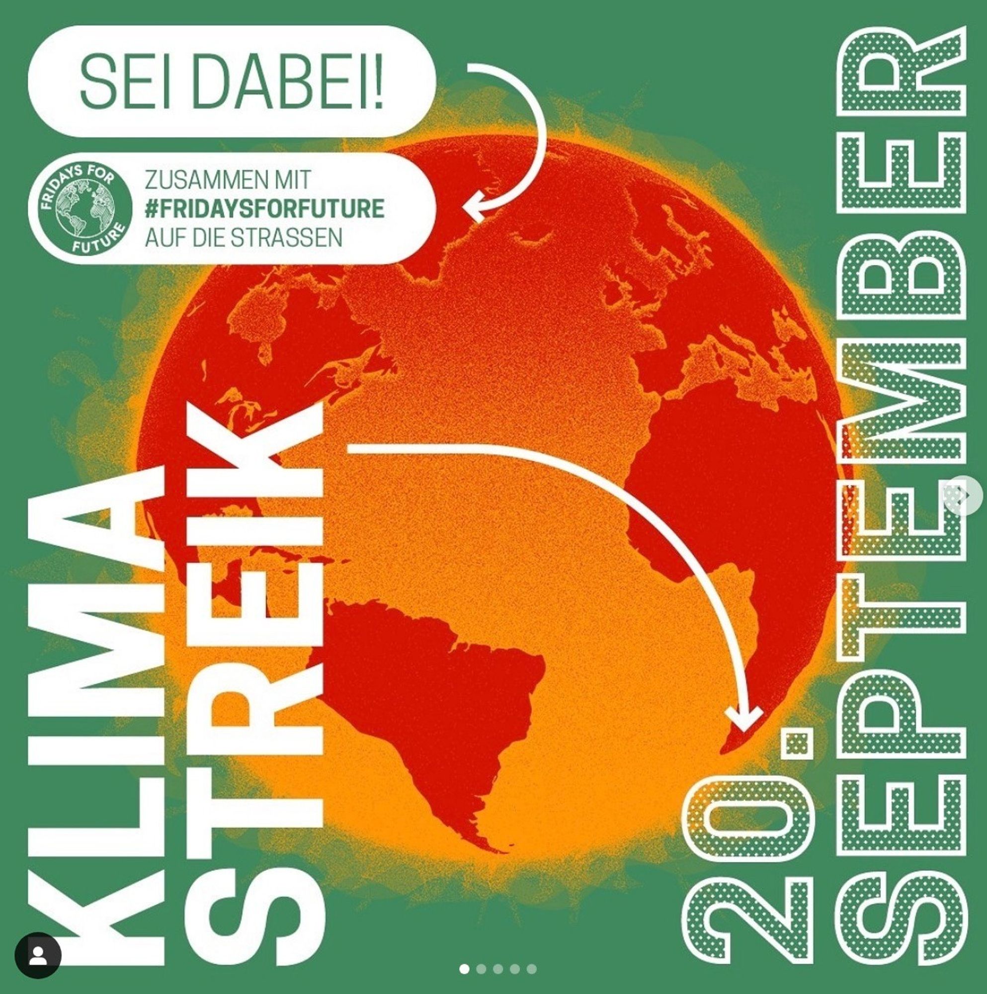 Sharepic mit einer Erdkugel in orange und dunkelrot. Schrift: Sei Dabei! Klimastreik 20.September