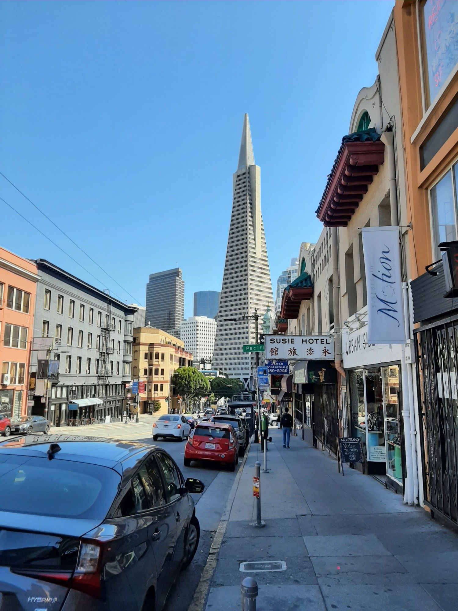 A view down Columbus Ave straight towards the Transamerica Pyramid.