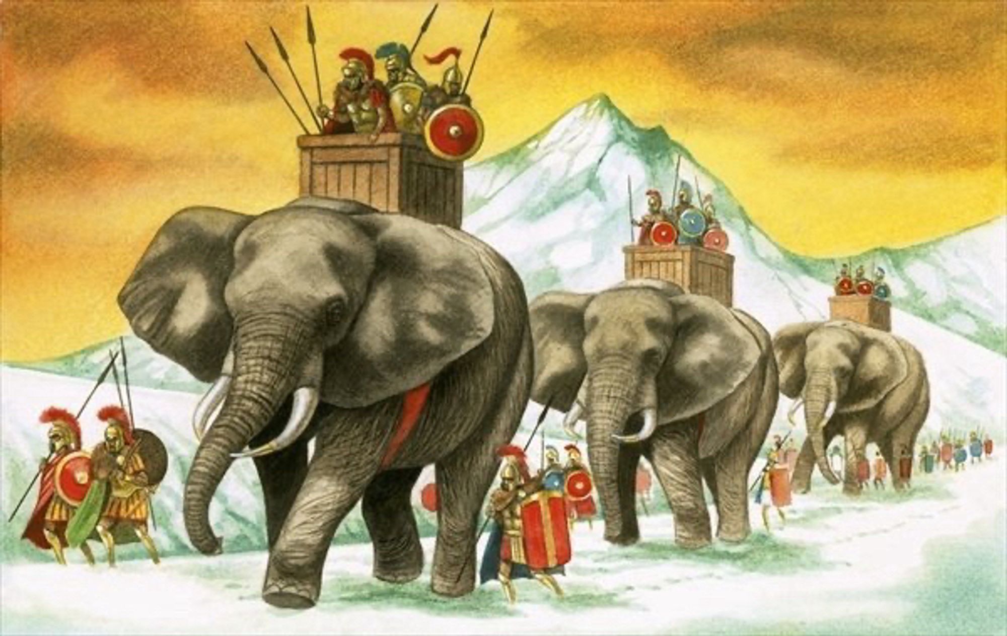 Artistic depiction of Hannibal and his troops crossing the Alps riding on war elephants