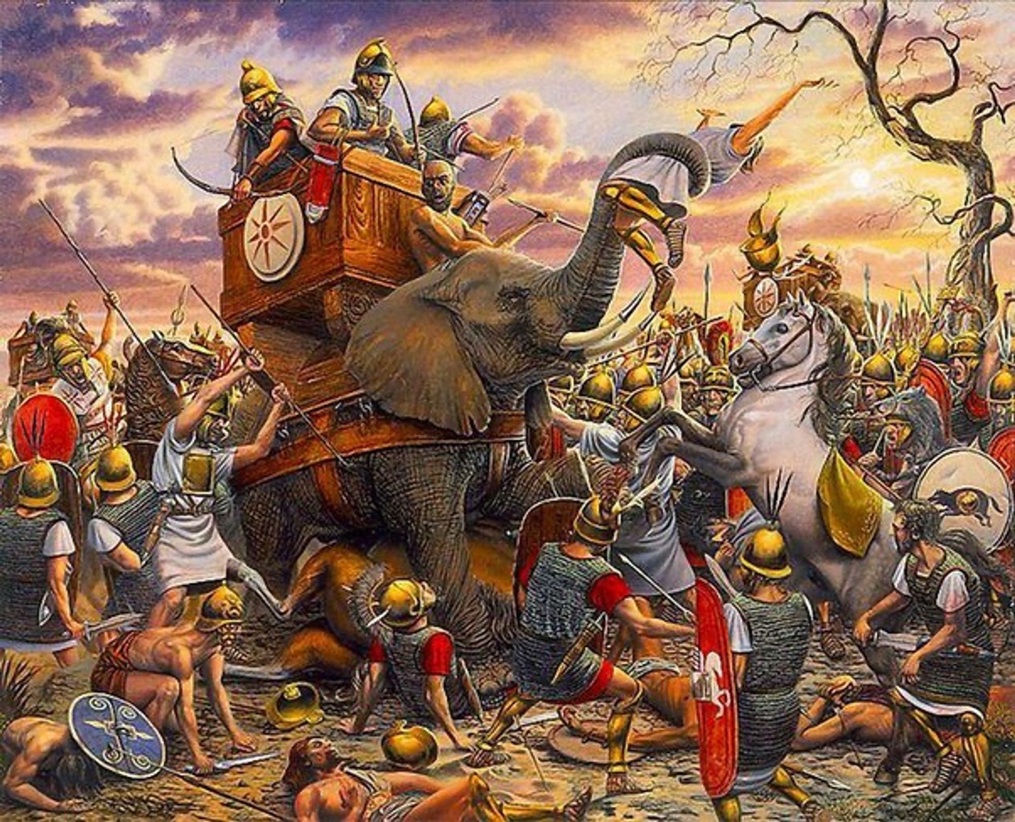 Artistic depiction of Hannibal and his troops crossing the Alps riding on war elephants