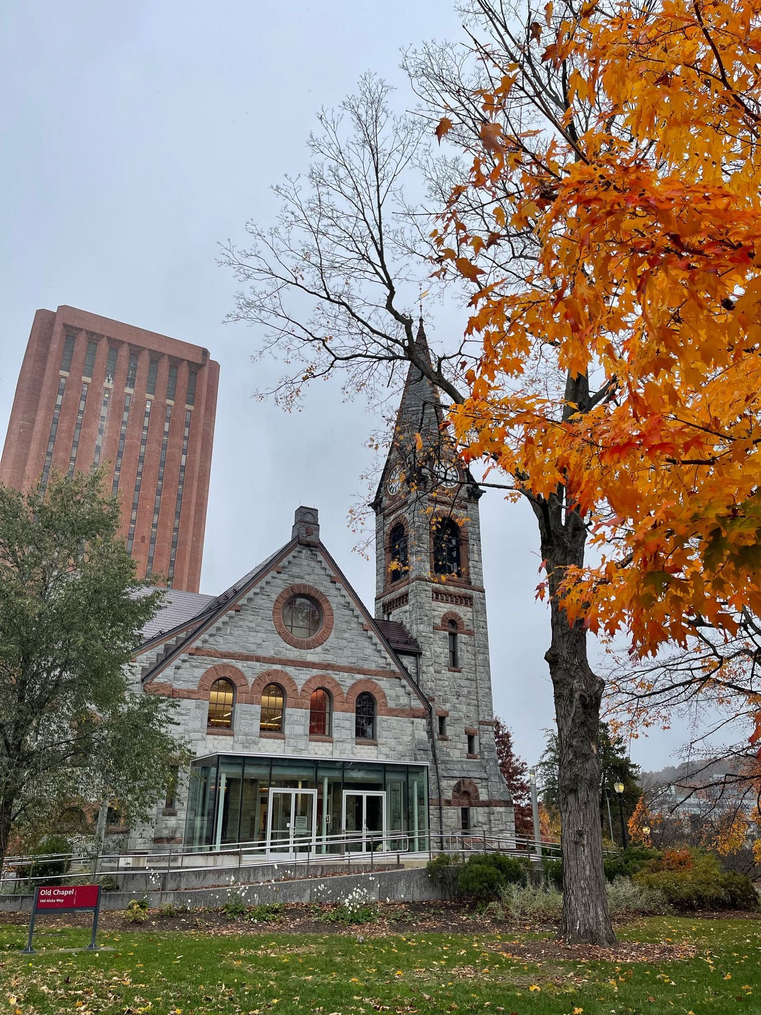 UMass Amherst campus with the Old Chapel in view and WEB DuBois library poking out in the background