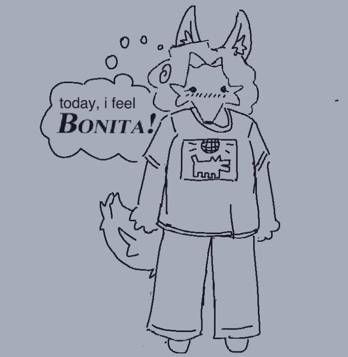 chunchy scoffy wearing baggy pajama. she thinks, "today, i feel BONITA!"