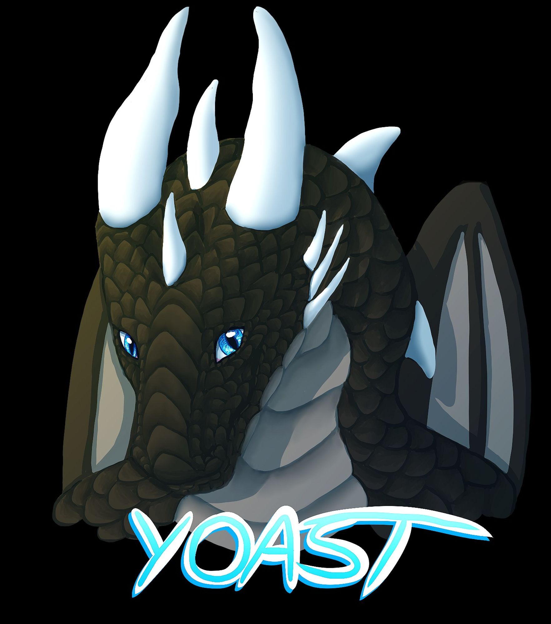 Black dragon with bright blue eyes and two big white horns. There are three smaller white spikes on the cheek. The dragon has light grey belly scales and there are two wings that can be seen in the background. On the bottom there is blue text with a white border saying Yoast.