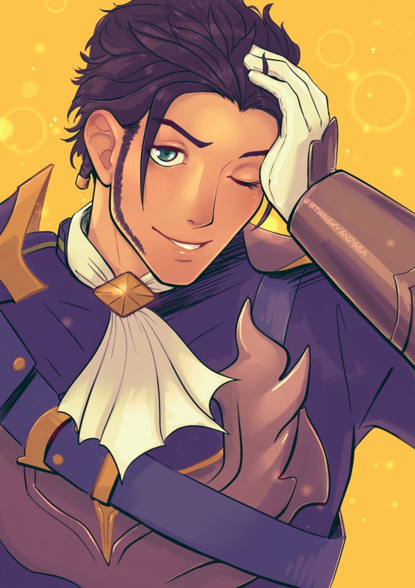 Chest-up illustration of a man in fantasy armor with his palm against his forehead, winking at the viewer. Character: Claude von Riegan from Fire Emblem Three Hopes