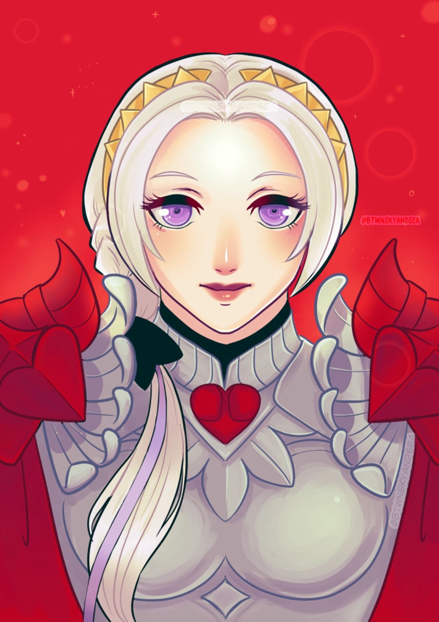 Chest-up illustration of a young woman with white hair and purple eyes looking confidently at the viewer, agaijst a vivid red background. Character: Edelgard from Fire Emblem Three Hopes