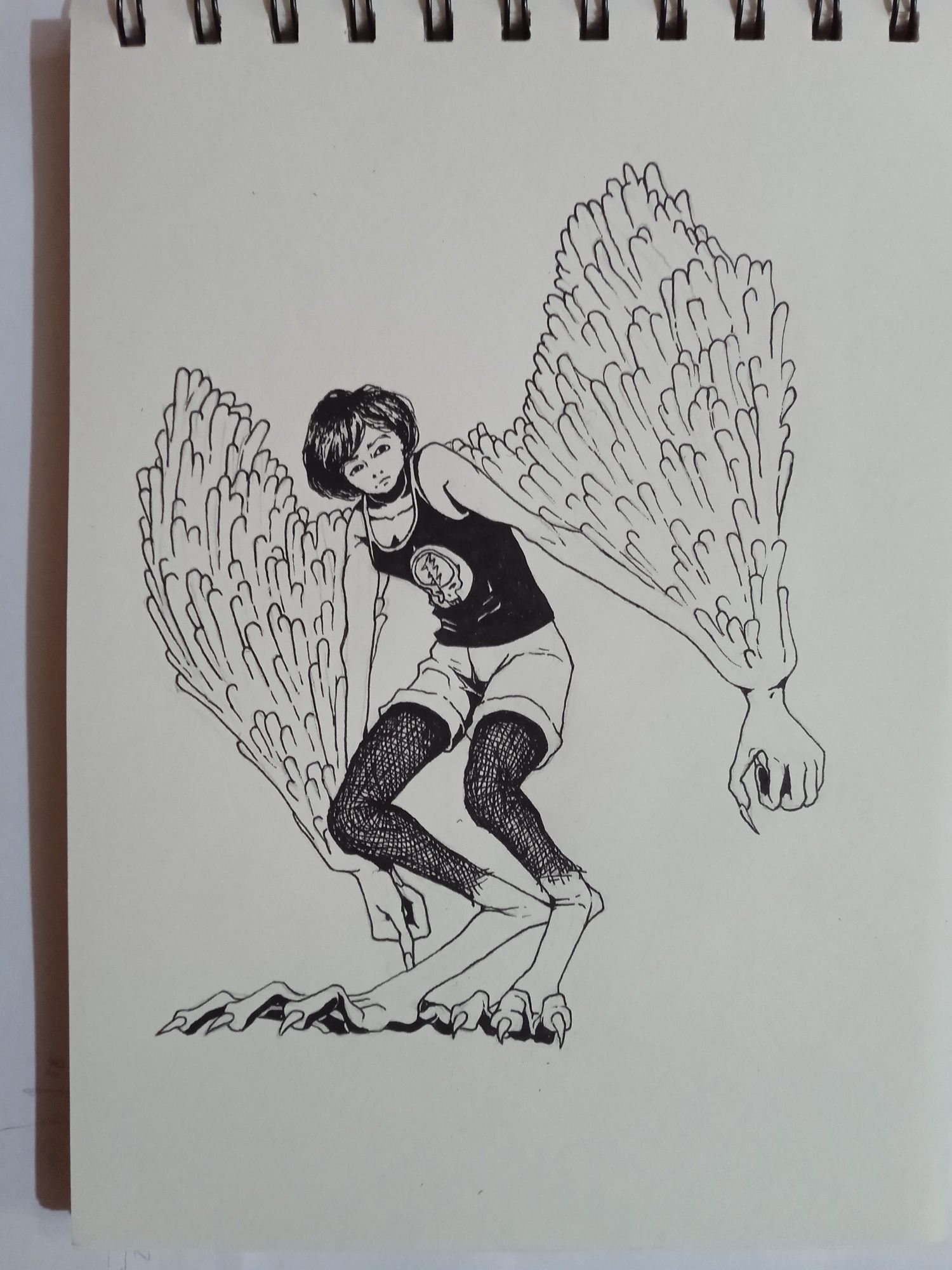 A harpy witch. She has wings and bird feet. She also wears grateful dead tank top, fishnets, shorts and has short hair