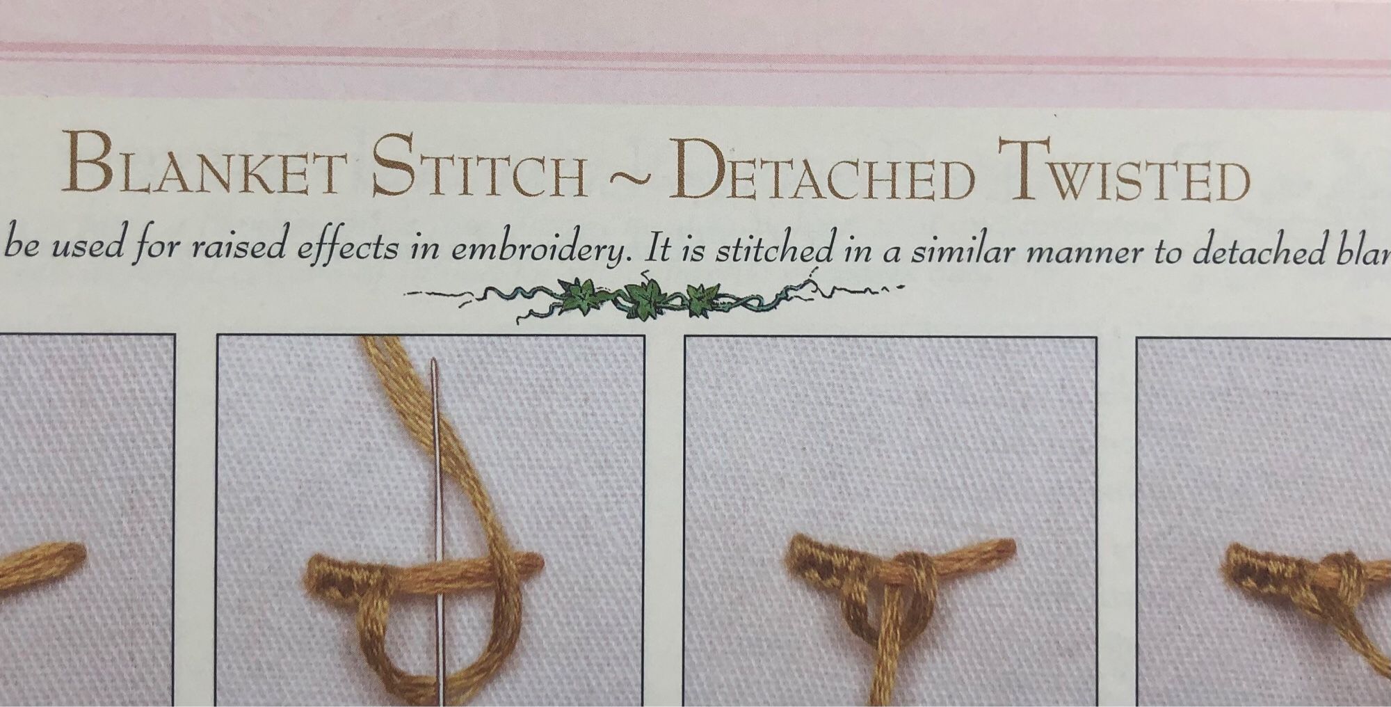 photo of page from embroidery stitch compendium. heading is “Blanket Stitch ~ Detached Twisted”