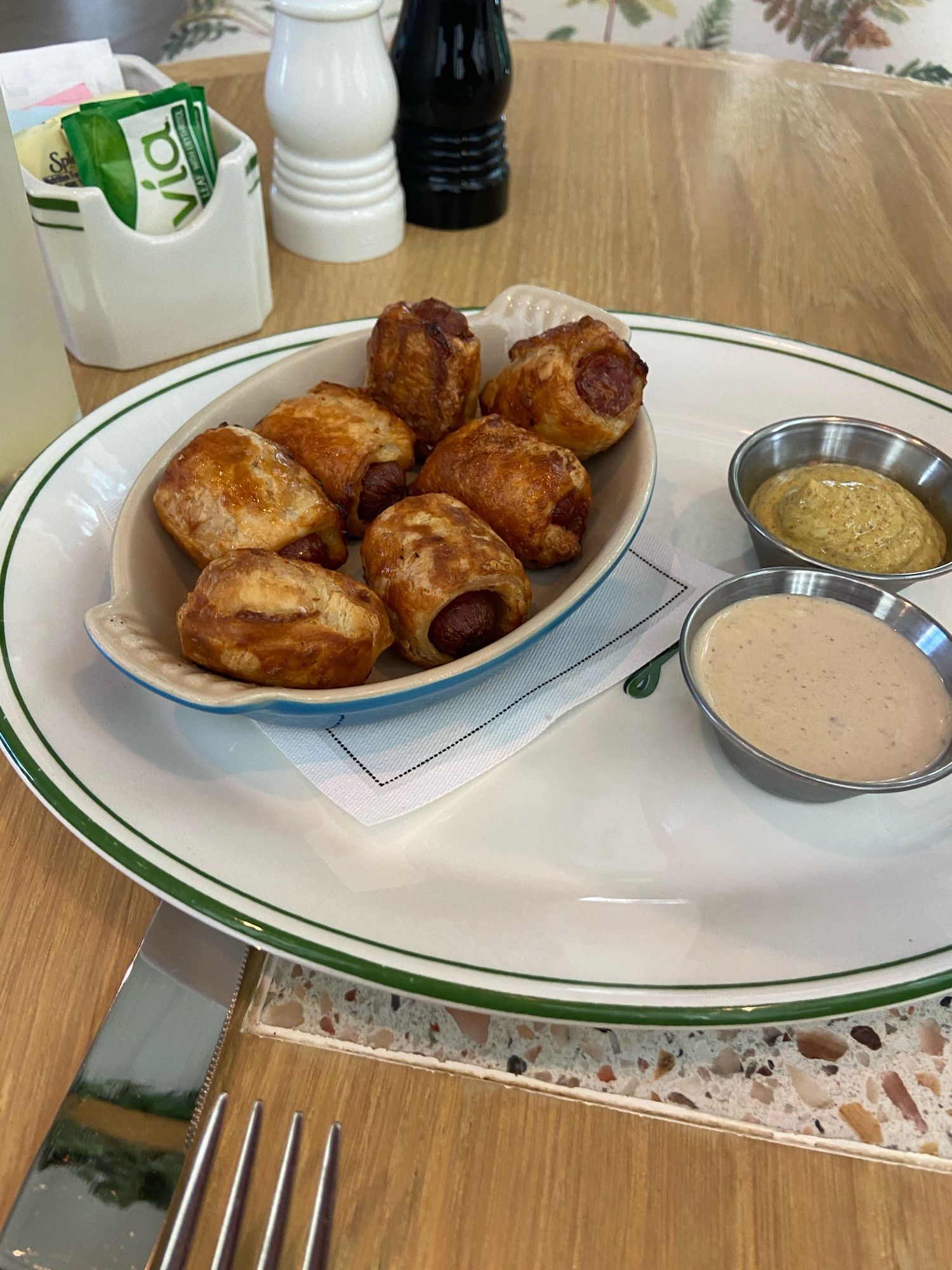 pigs in the blanket. mustard. russian dressing