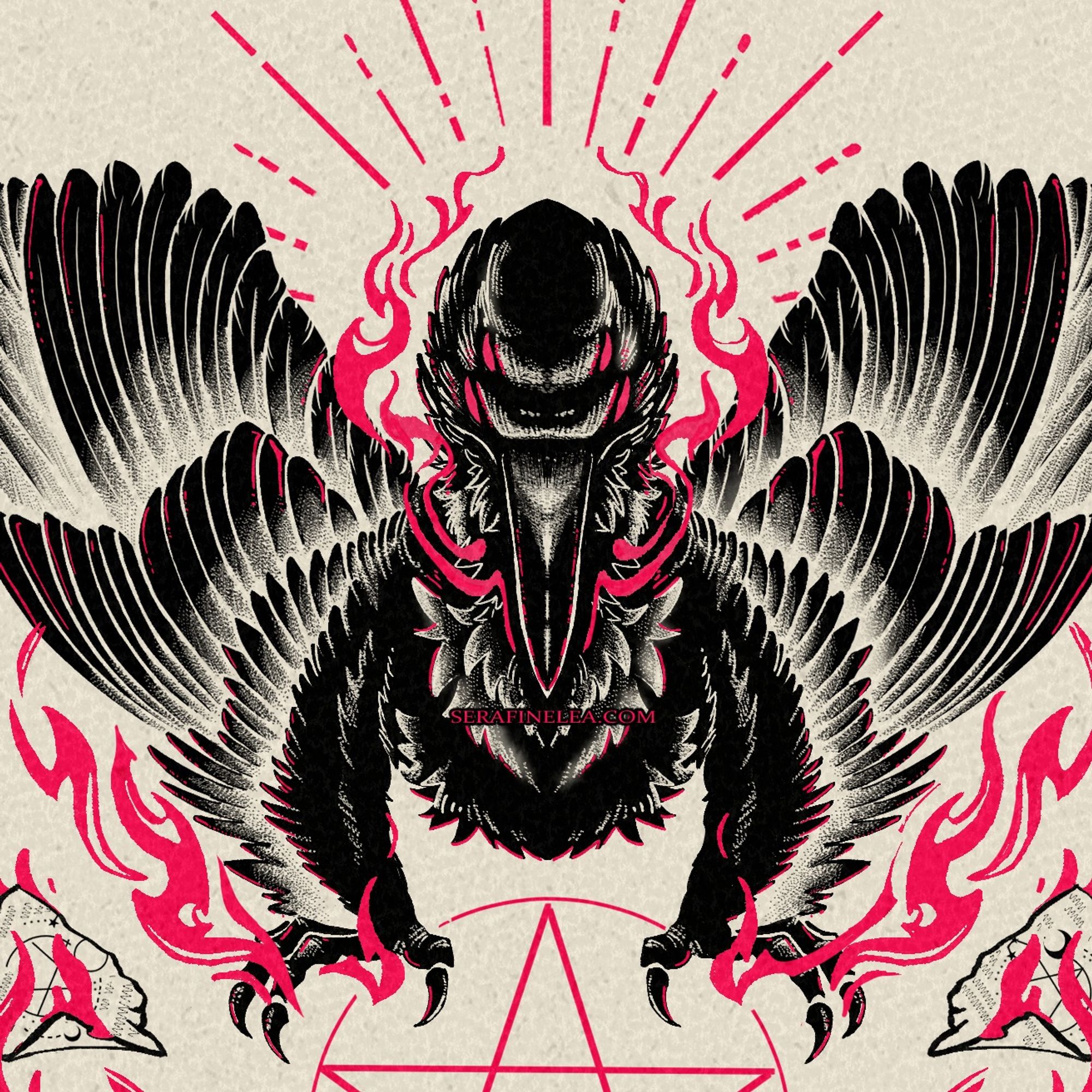 Demonic crow looming on two wing-arms, there's a half pentacle before it like it's been summoned, fire erupts form it's mouth
SerafineArt💀