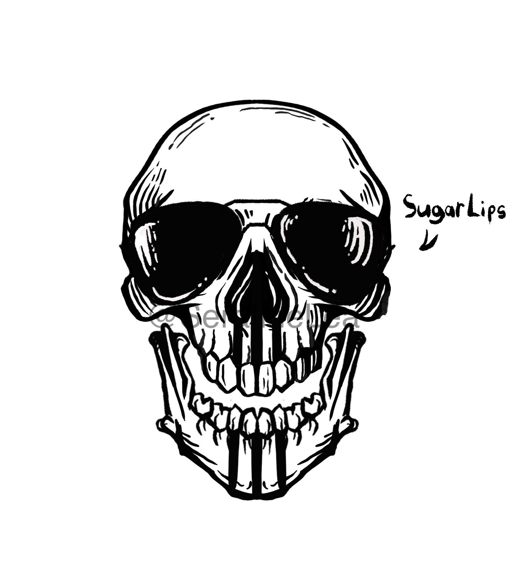 Image of an avatar or glass wearing makeup wearing  skull saying "sugar lips" from the Locked Tomb Series , one Gideon The Ninth
Serafineleaart💀
#LockedTomb #Gideontheninth #Harrowhark #nonagesimus #skulls #aviators #goth #tattoos #tattoodesign #apprenticetattoo