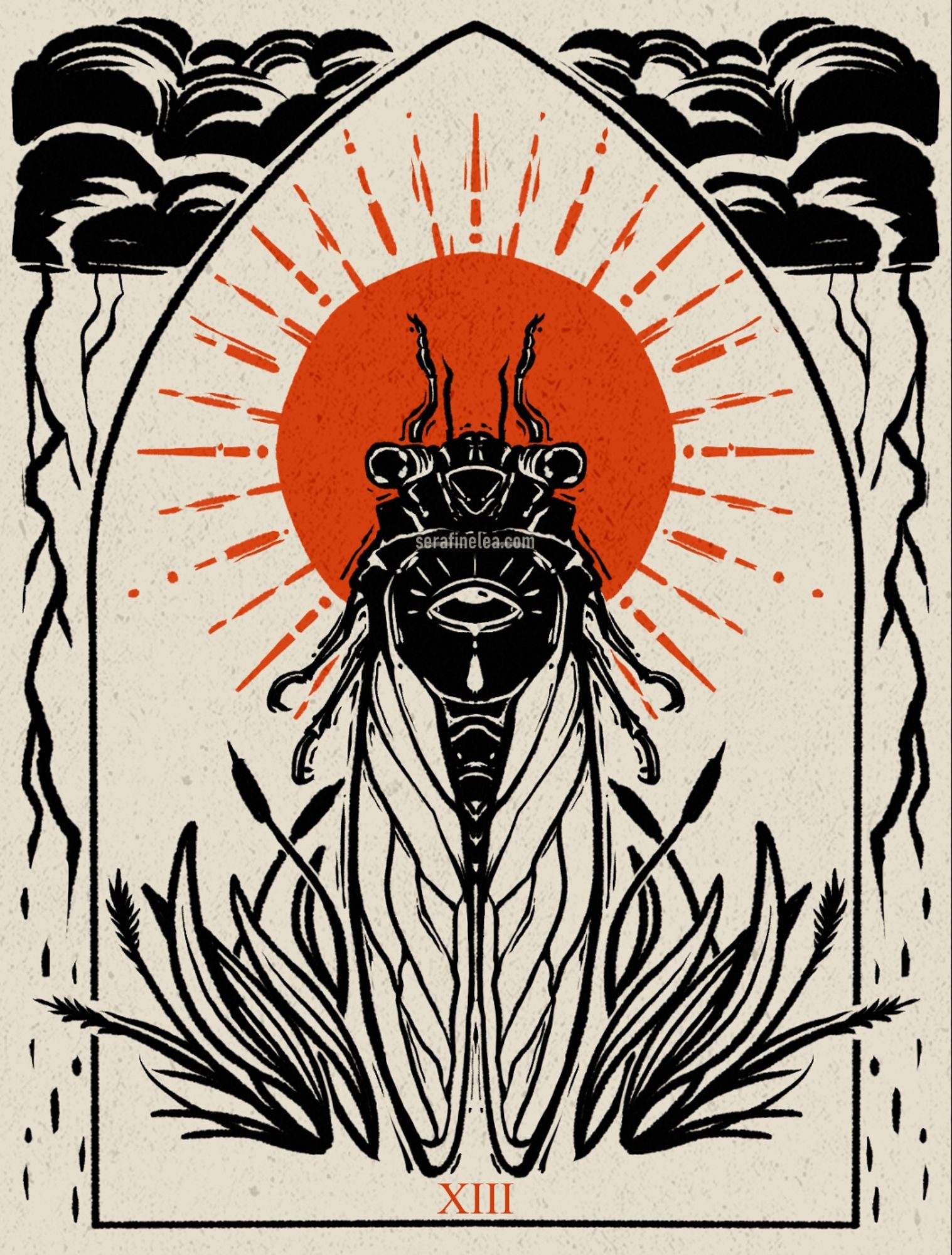 Cicada with crying eye on its back. Flanked by cat tails, sun behind its head. Storm clouds frame it. XIII the sun.
SerafineArt💀