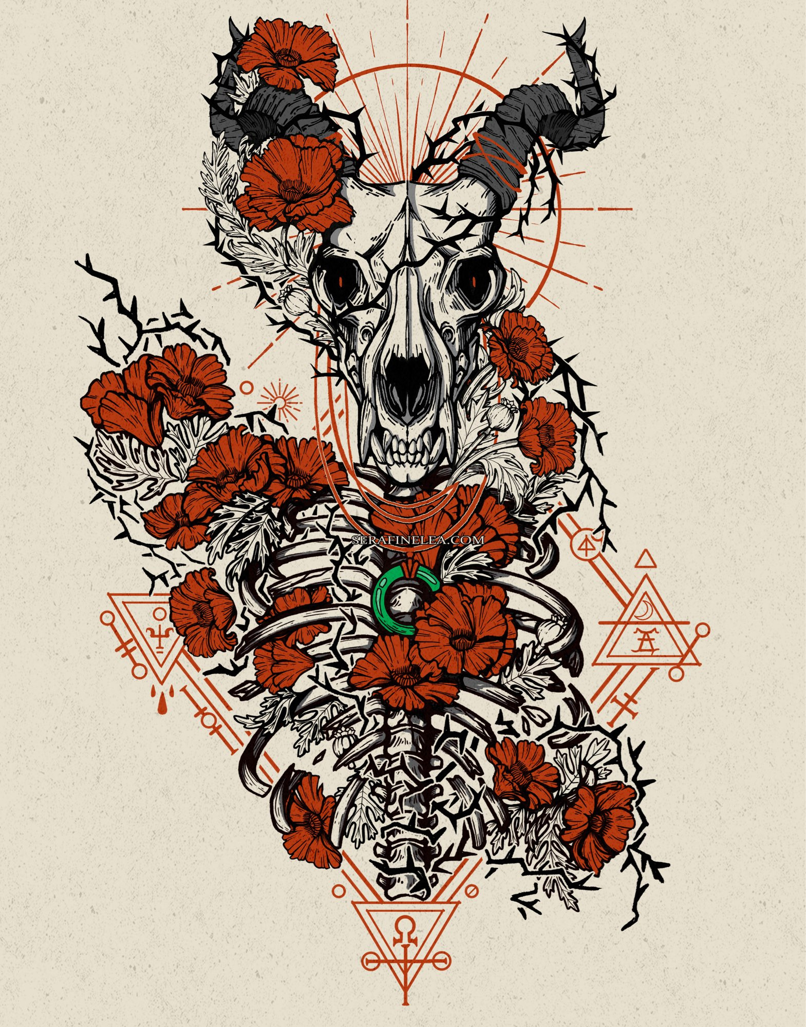 Ancient magus bride skeleton skull and rib cage 
Poppies and thorns interweave through the bones. Surrounded by alchemical signs. #anime #animetattoos #tattoodesign #occult #skeleton #alchemy
SerafineArt💀