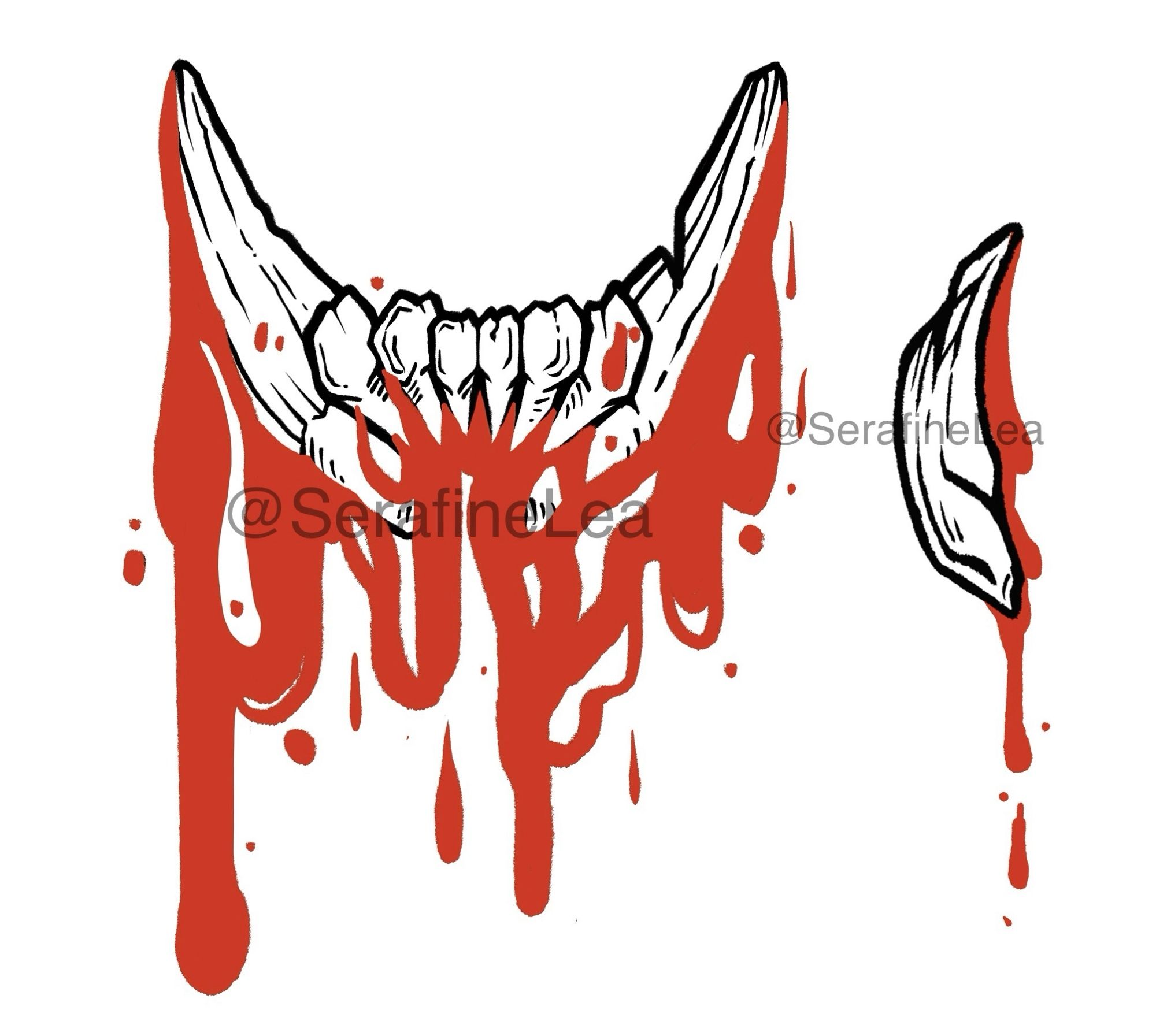 Image of bleeding teeth a from jaw and a singular fang
Serafineleaart💀
#teeth #jaw #fang #incisor #vultureculture #edgy #woodcut #linocut #tattoo #availableflash #availabledesigns