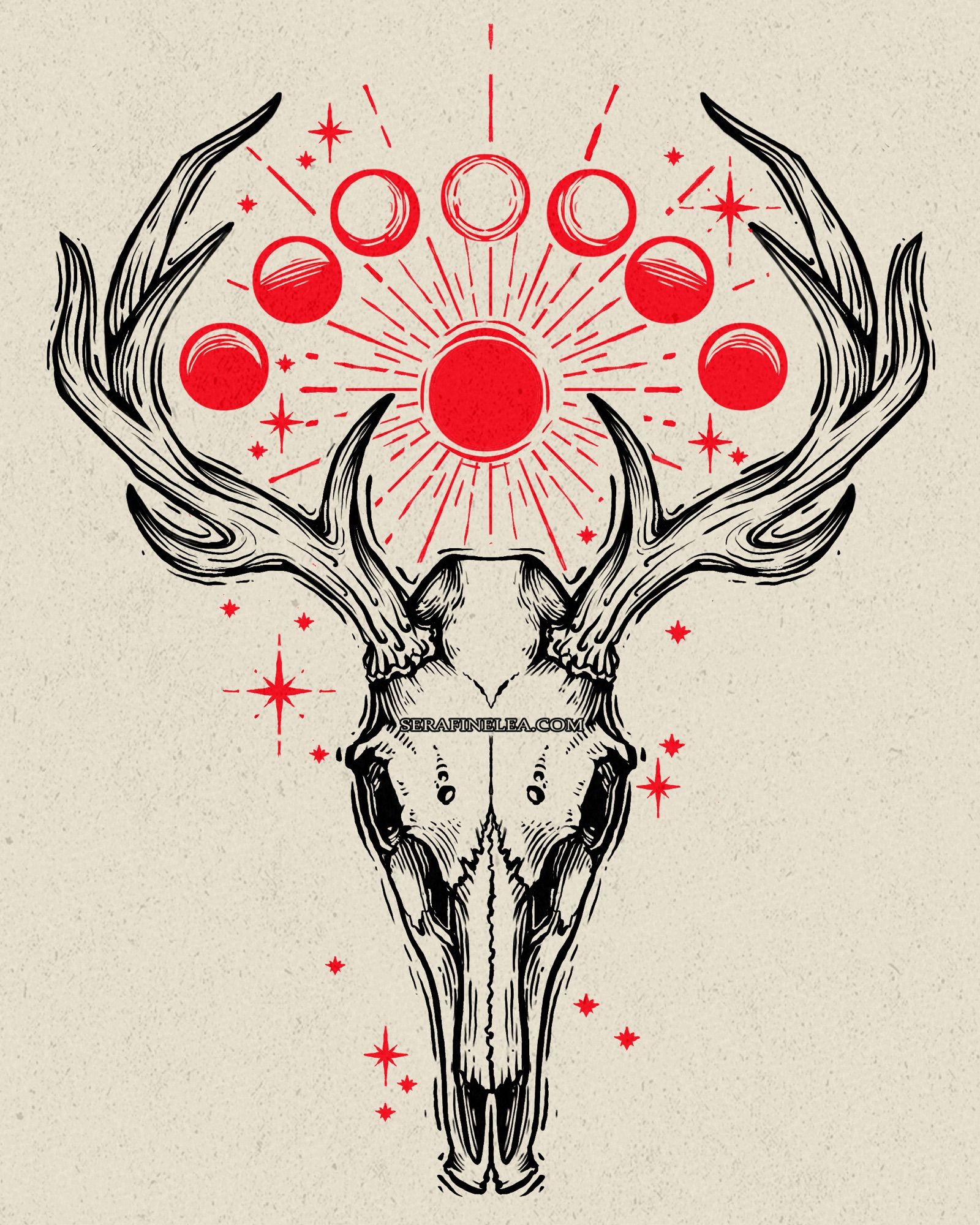 Deer skull with moon phase and halo above its head. Stars cascade around it. Woodcut style
SerafineArt💀