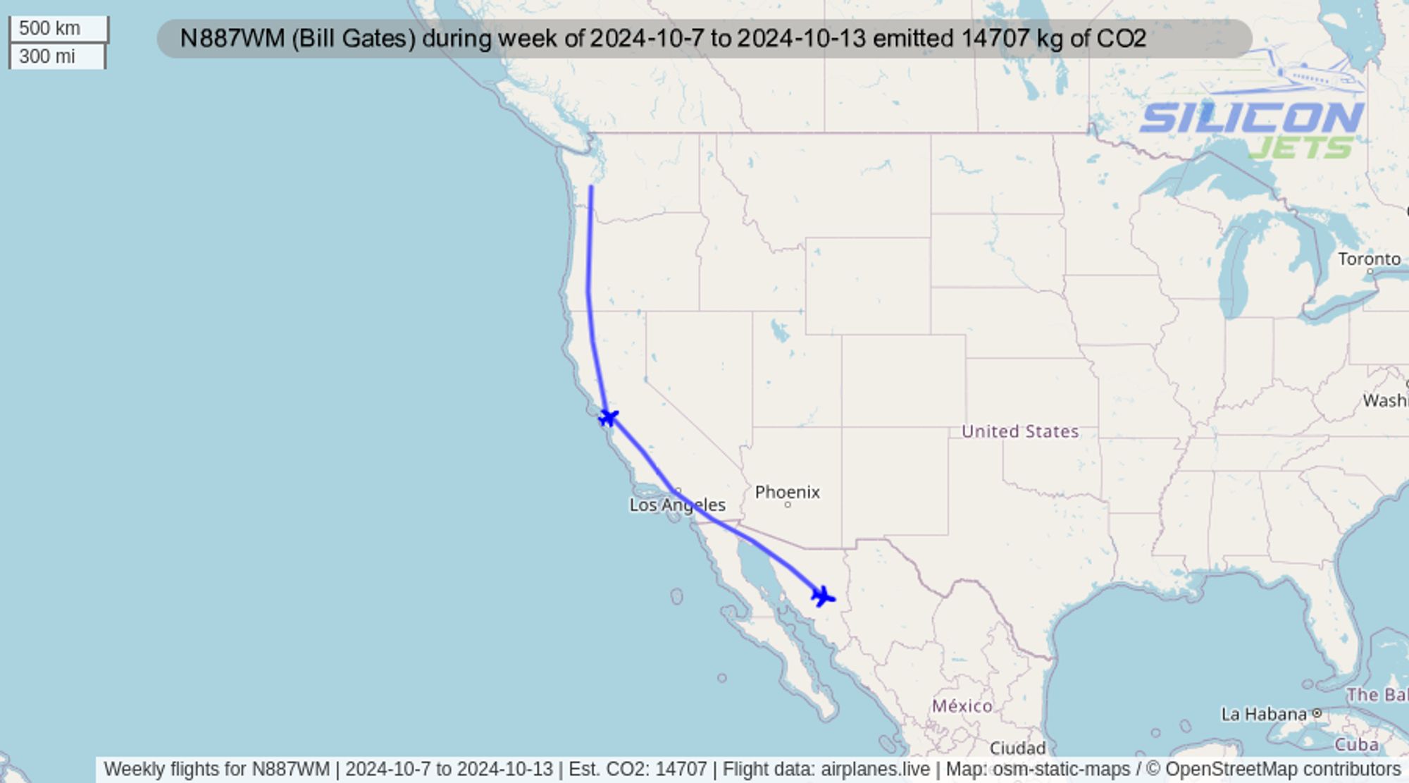 During the week of 2024-10-7 to 2024-10-13 a #gulfstream G650ER (Reg: N887WM) reportedly used by #billgates was tracked 2 times with an estimated emissions of 14707 kg of #CO2. If this was flown commercial, the predicted #emissions for these flights would have been 762 kg. #CO2emissions