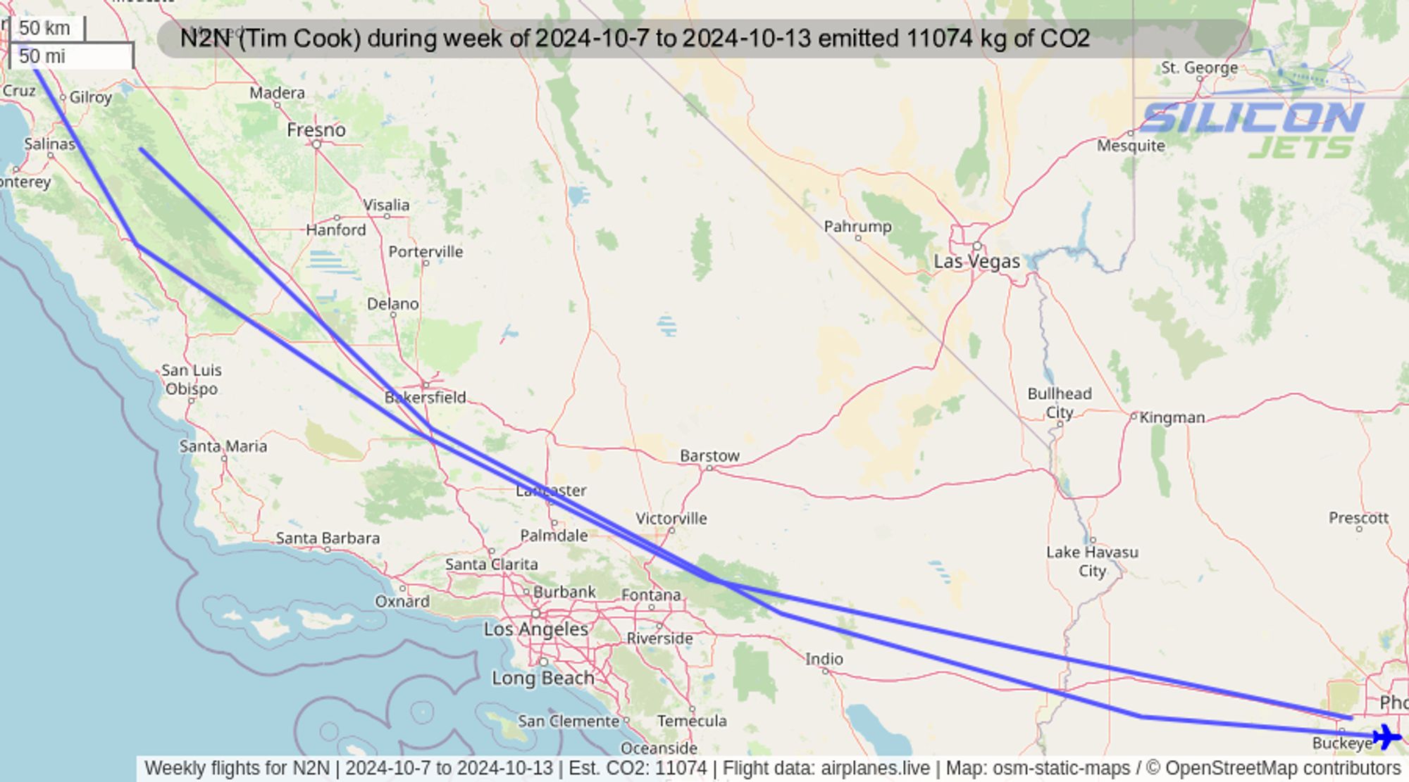 During the week of 2024-10-7 to 2024-10-13 a #gulfstream G650 (Reg: N2N) reportedly used by #timcook was tracked 2 times with an estimated emissions of 11074 kg of #CO2. If this was flown commercial, the predicted #emissions for these flights would have been 574 kg. #CO2emissions