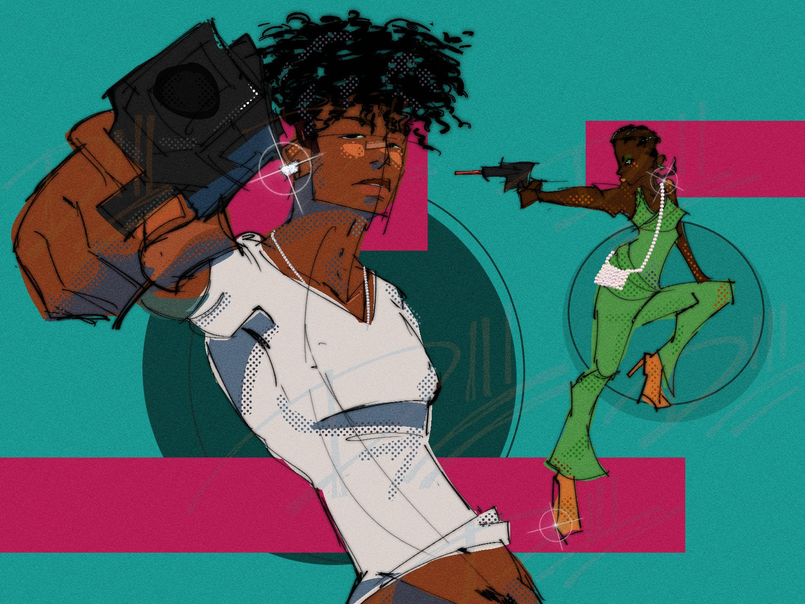 artist's OCs, jalen pointing gun at viewer, jya posing on a 60s esqe backdrop. 