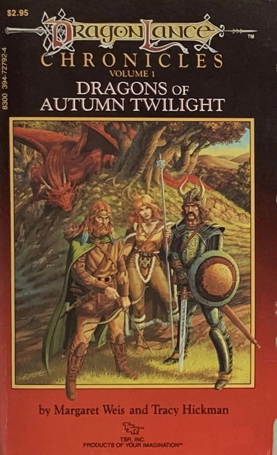 First edition cover of Dragonlance Chronicles volume 1: Dragons of Autumn Twilight by Margaret Weis and Tracy Hickman 