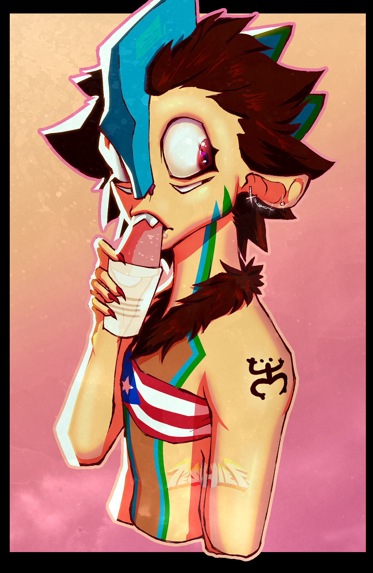 My sona, Tesh, eating a limber. She is a critter with four eyes, wild brown hair, a bright blue crest going down the middle of her face, and blue and green horns poking from the back of her head. She is wearing a tube top with the Puerto Rican flag, and has a tattoo of a Coqui symbol on her shoulder.