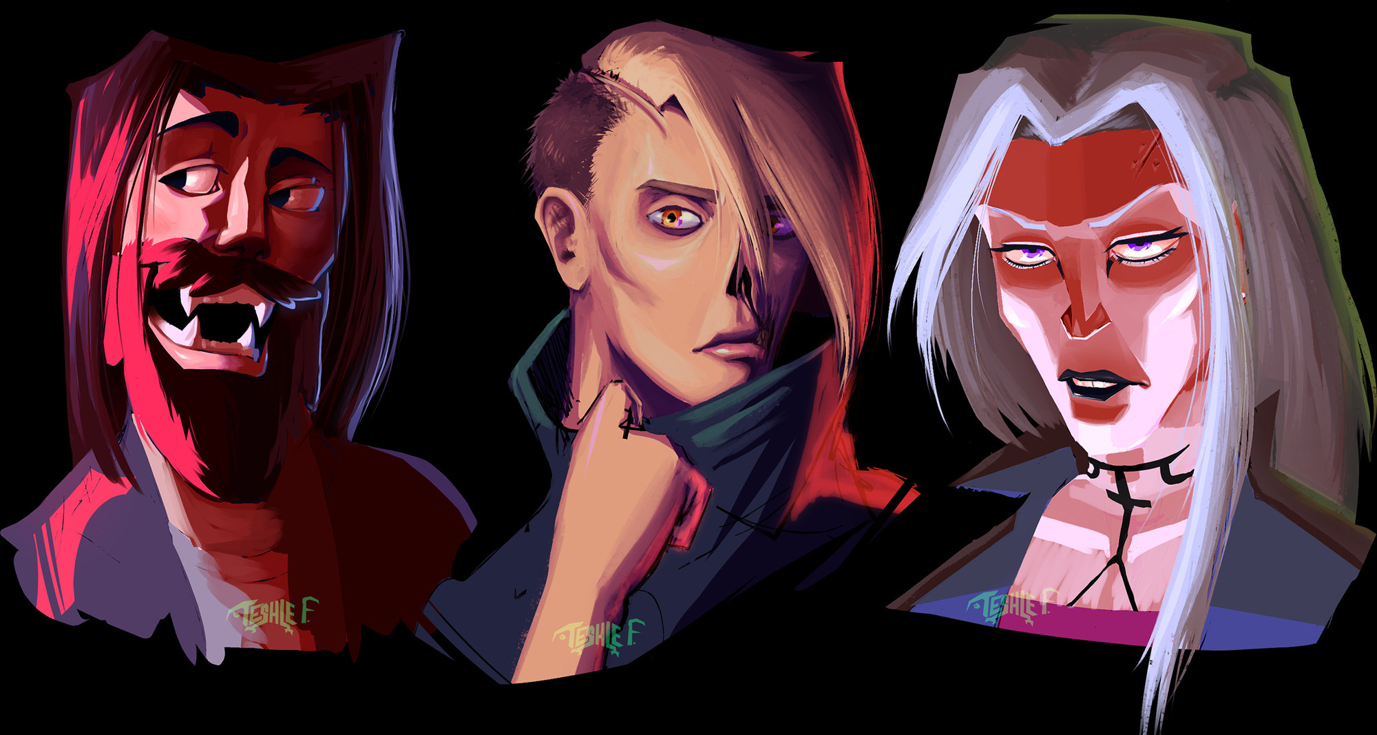 a stylized human paz, unknown, and the red judge from metal: hellsinger. the left side of paz's portrait is lit with a reddish pink, the right side has bluish bounce light. he's smiling wide, showing sharp canine teeth. the unknown is pulling down her cowl to reveal her face, which has a few scars in different places. her hair is swept to the side, covering one side of her face. the red judge has dramatic lighting coming from the bottom, giving her a sinister look. she's got asymmetrical silver hair thats short on one side and long on the other, and a tattoo on her neck that resembles the symbols on the anguish gates in-game.