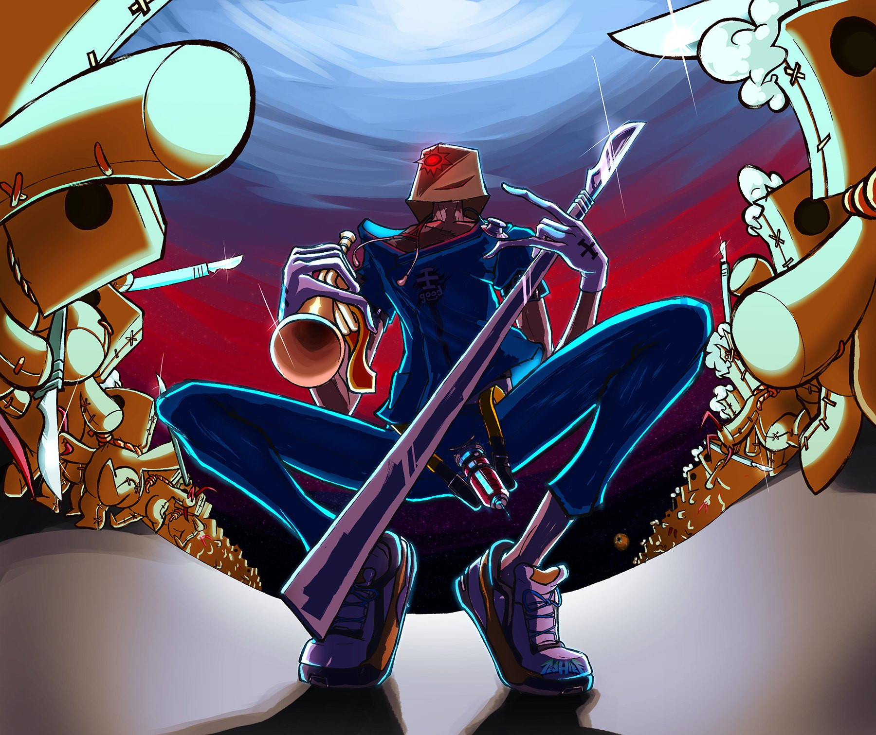 Faust from Guilty Gear Strive, kneeling in front of the camera from a low angle, holding his scalpel and a bugle. Surrounding him are dozens of his small minions, all marching forward, some with claws out, and others holding scalpels.