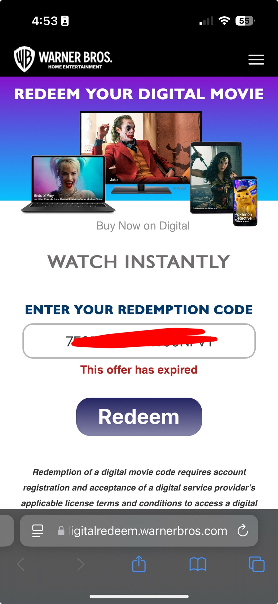 Screenshot from the Movies Anywhere page: “This offer has expired”